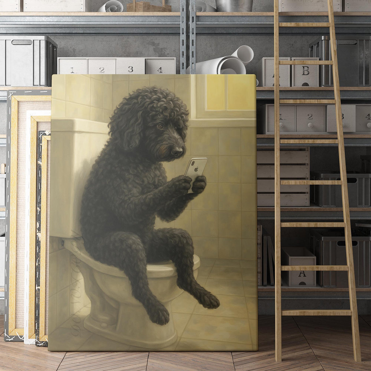 Portuguese Water Dog On The Phone On The Toilet