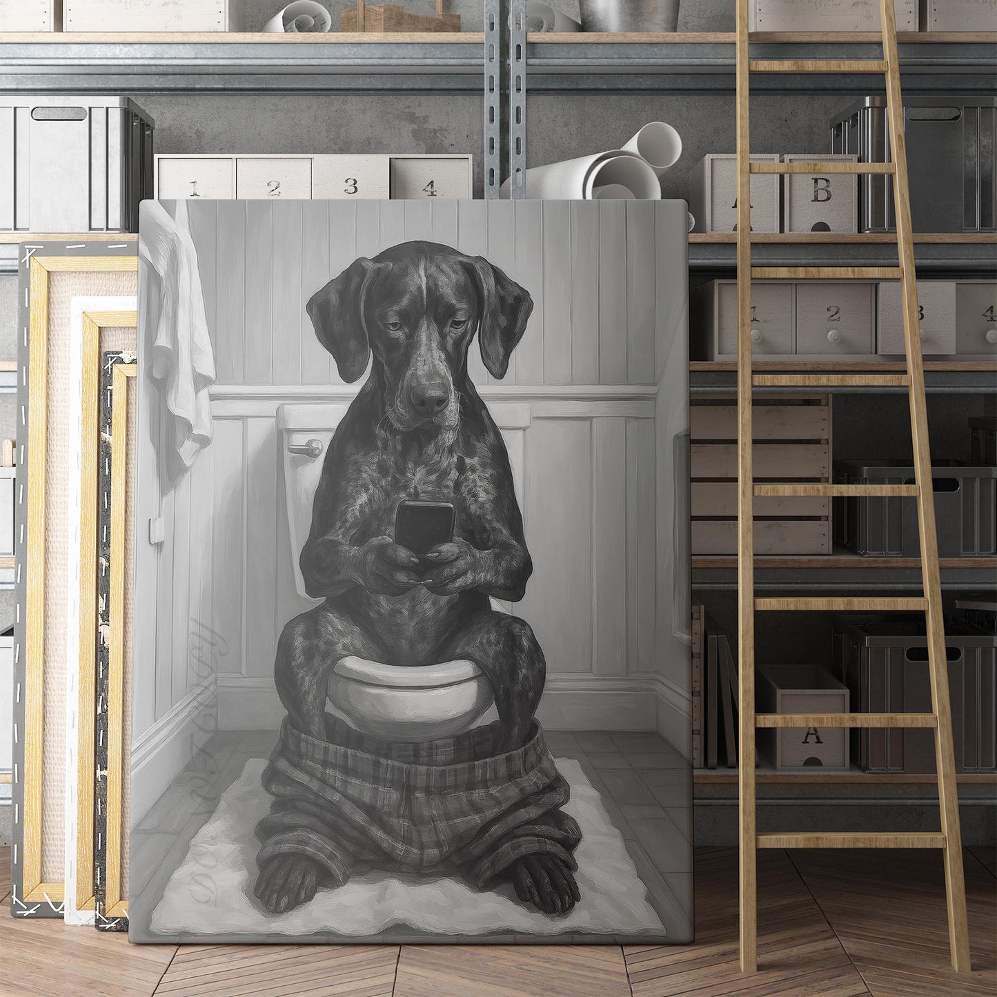 German Shorthaired Pointer Dog On The Phone On The Toilet