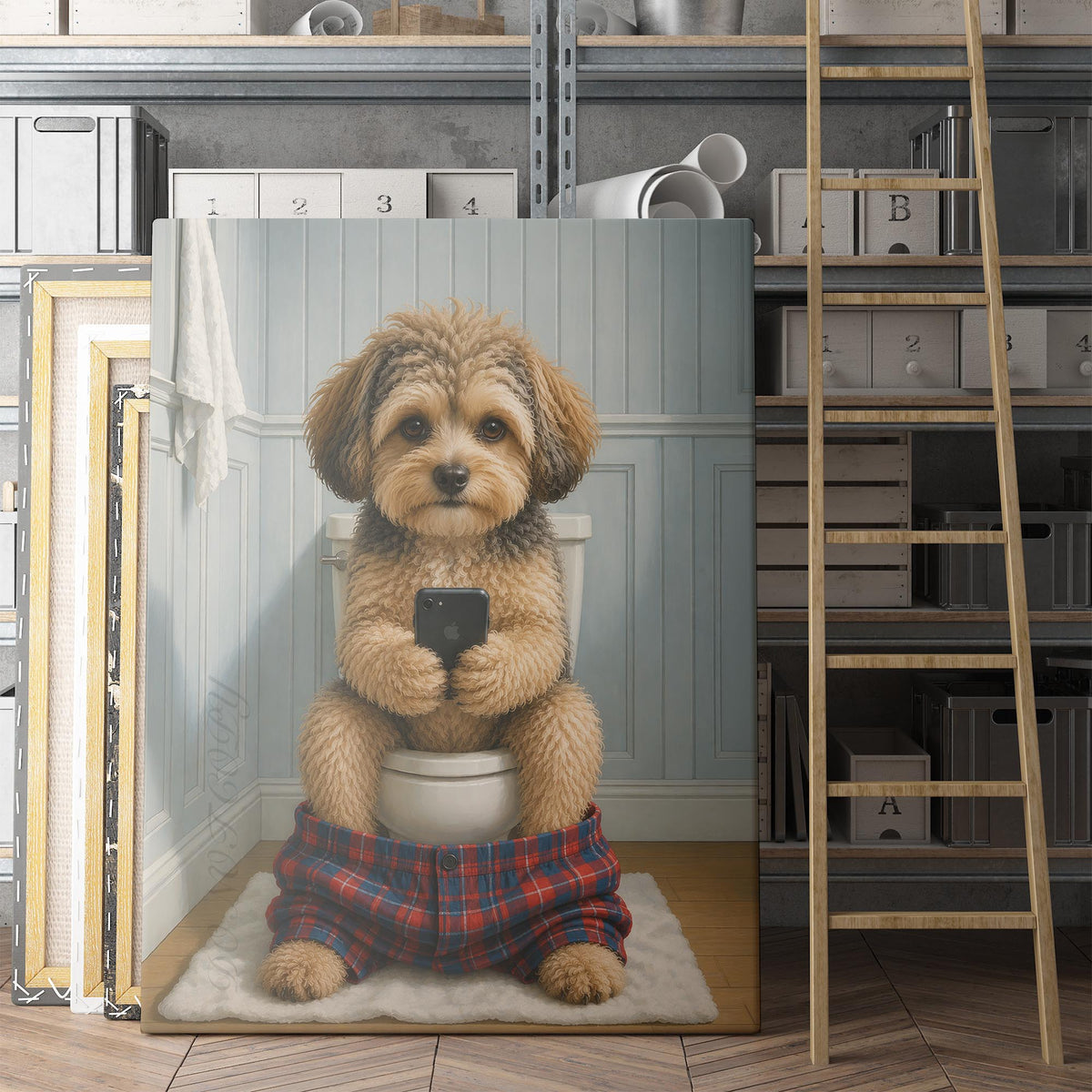 Yorkipoo Dog On The Phone On The Toilet