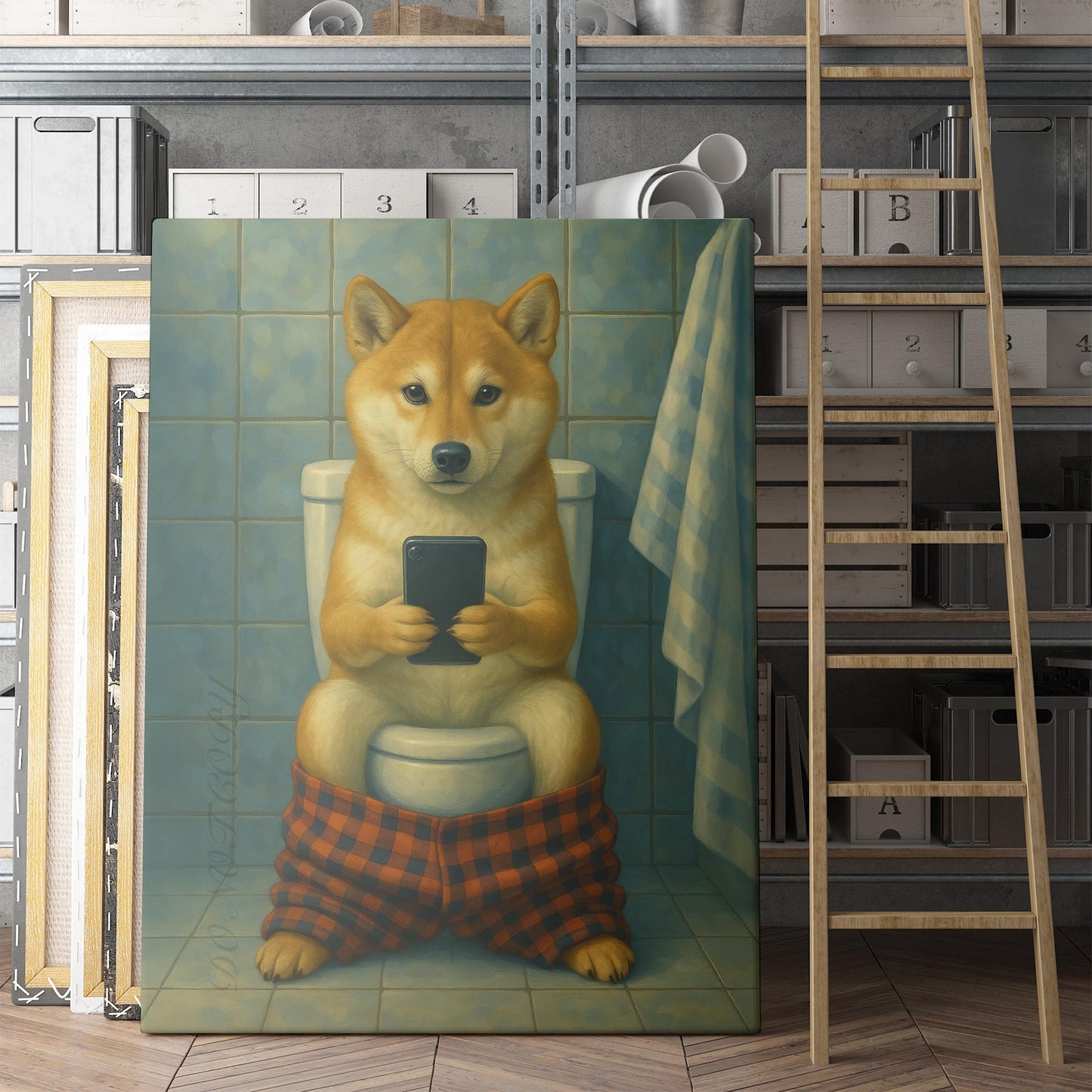 Shiba Inu On The Phone On The Toilet