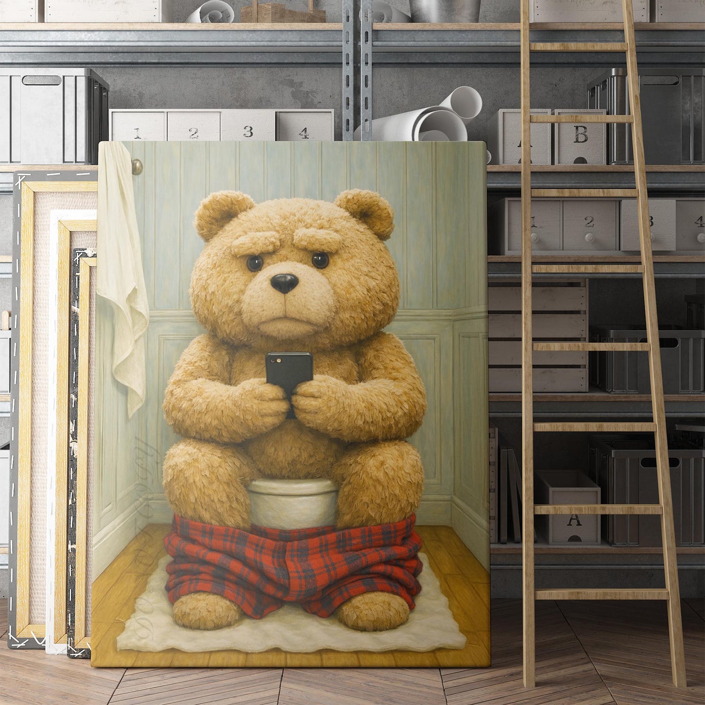 Teddy Bear On The Phone On The Toilet