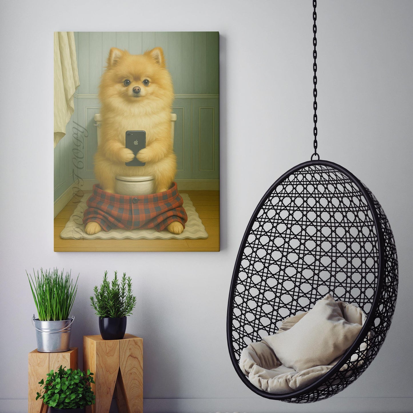 Pomeranian Dog On The Phone On The Toilet