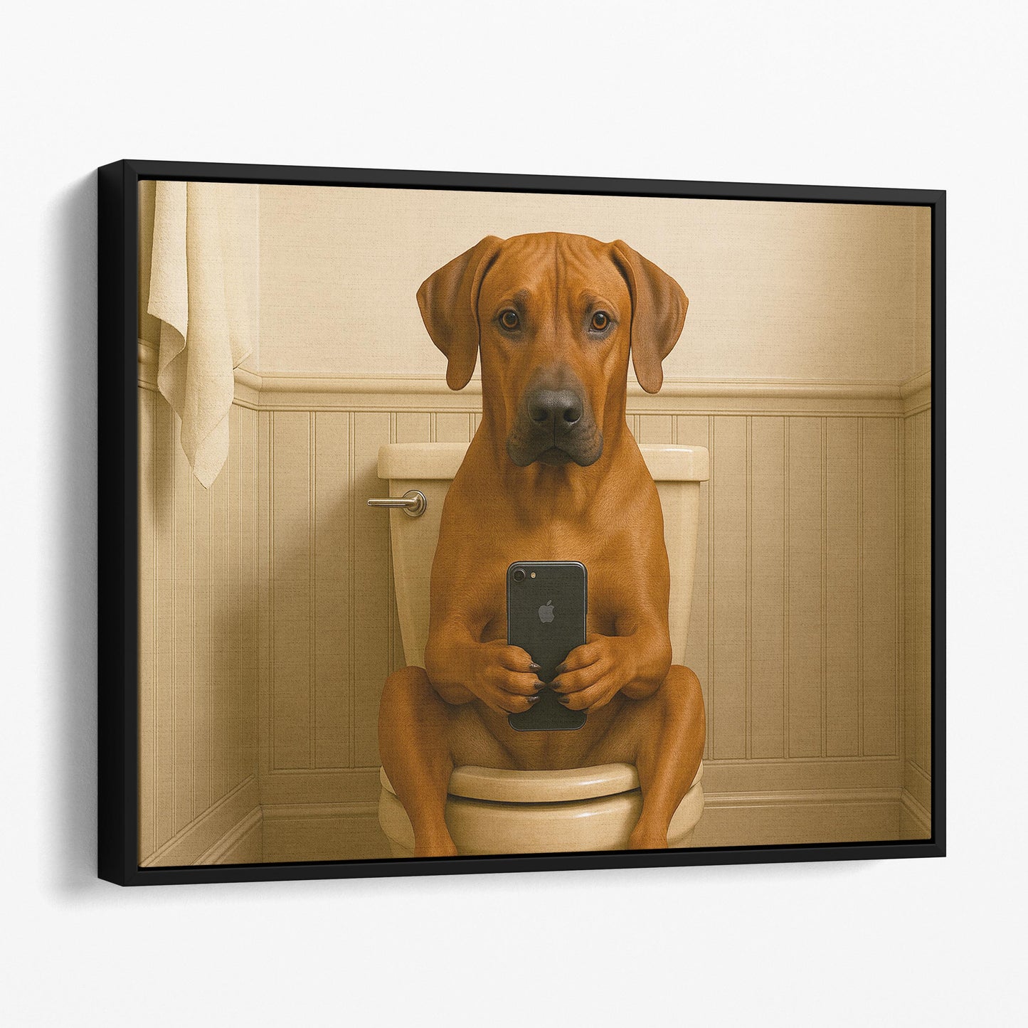 Rhodesian Ridgeback Dog On The Phone On The Toilet