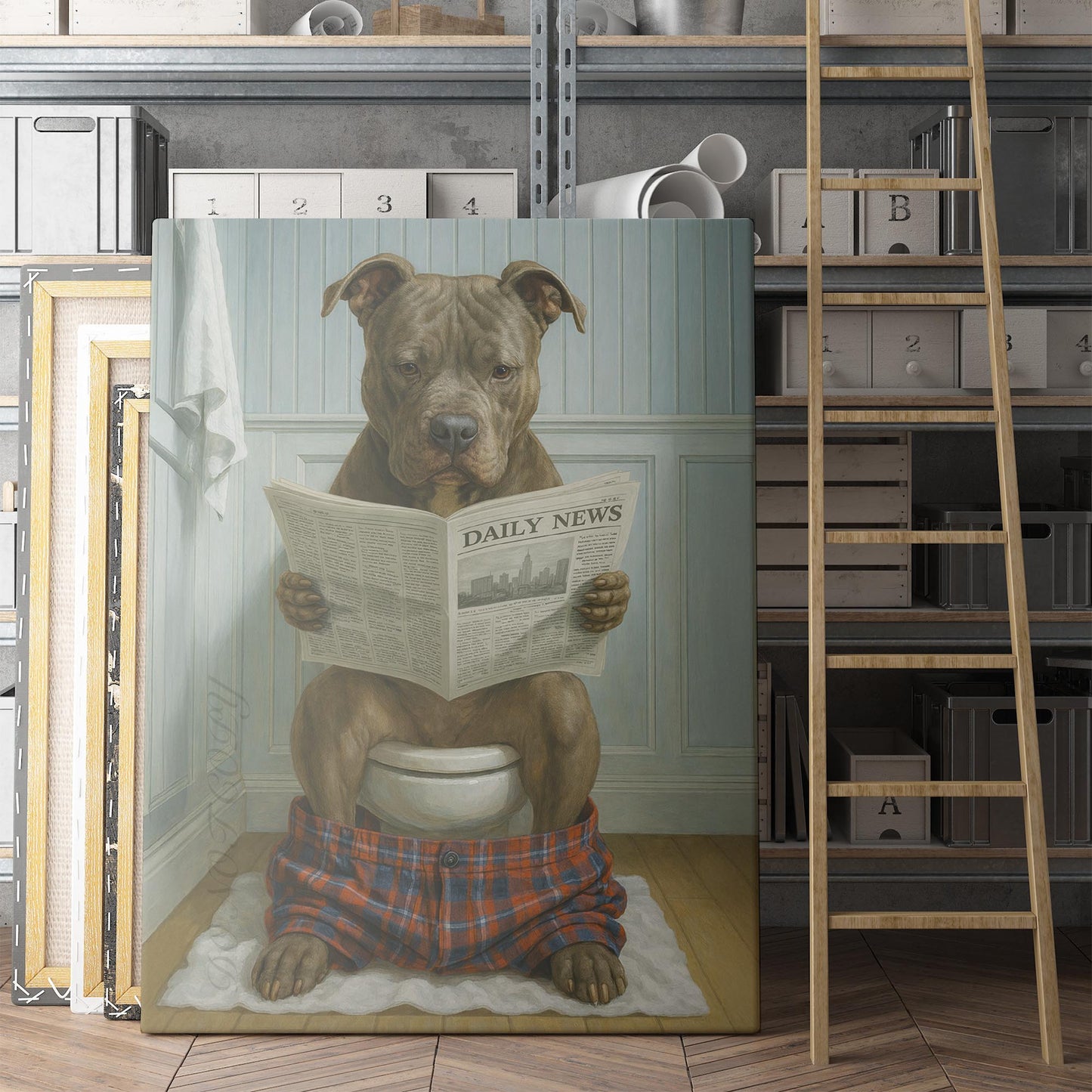Pit Bull Terrier Reading The Newspaper On The Toilet
