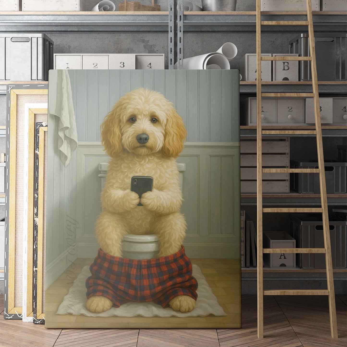 Labradoodle Dog On The Phone On The Toilet