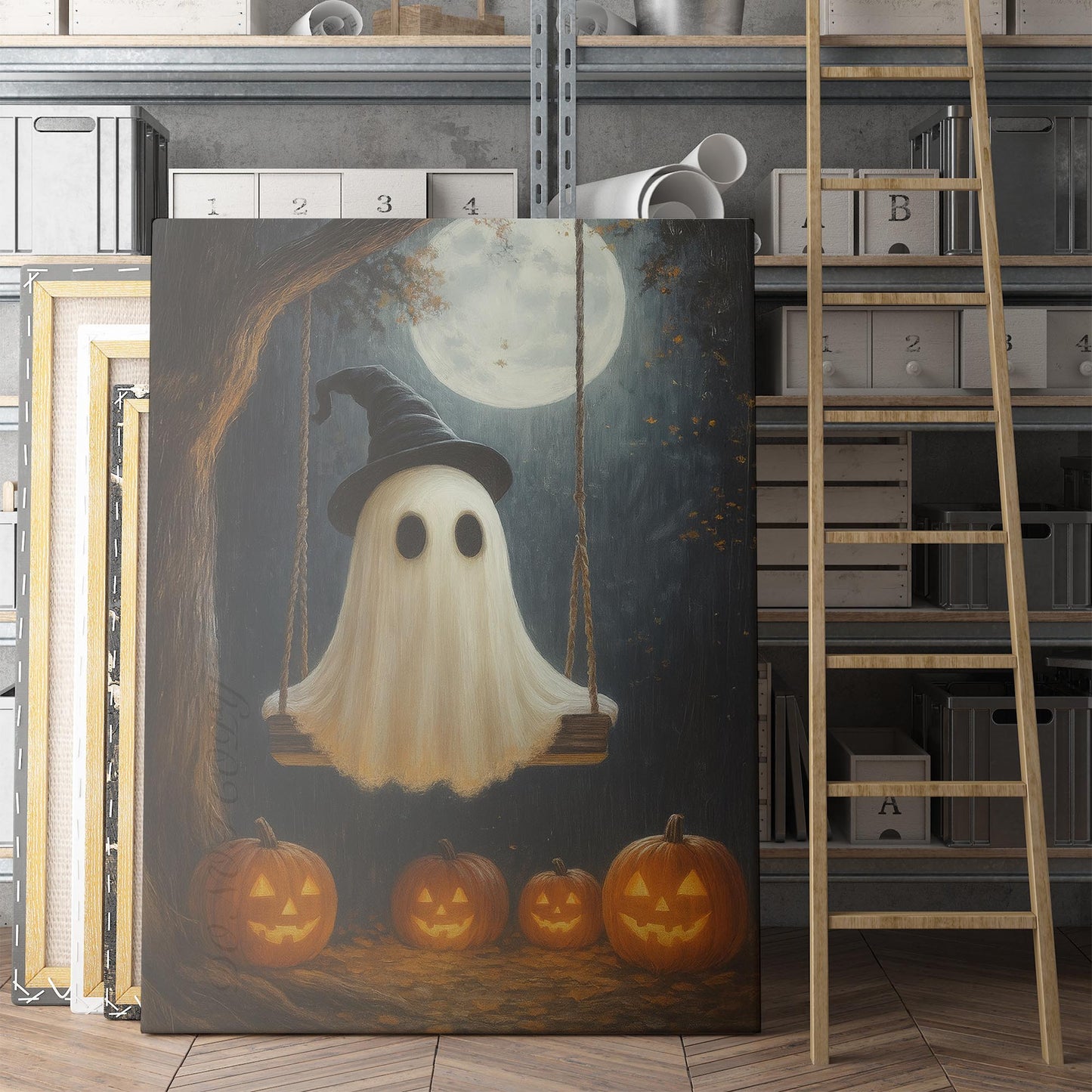 Ghost On A Swing With Pumpkins And Full Moon