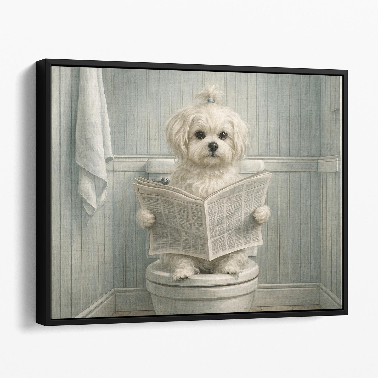 Maltese Dog Reading The Newspaper On The Toilet