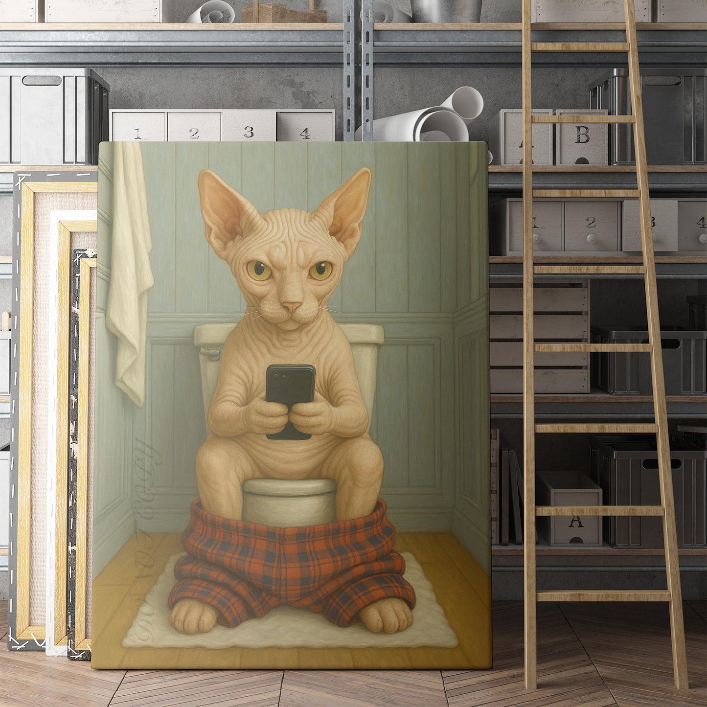 Sphynx Cat On The Phone On The Toilet