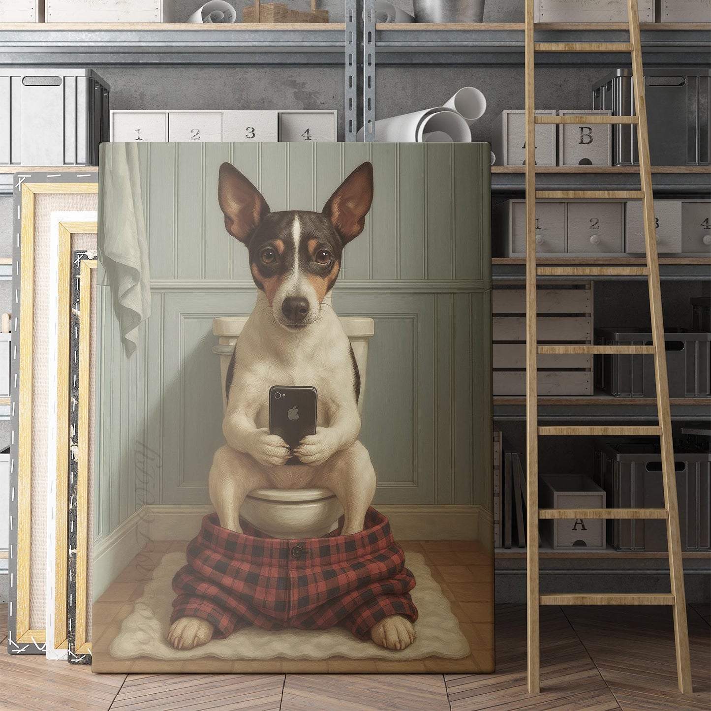 Rat Terrier Dog On The Phone On The Toilet