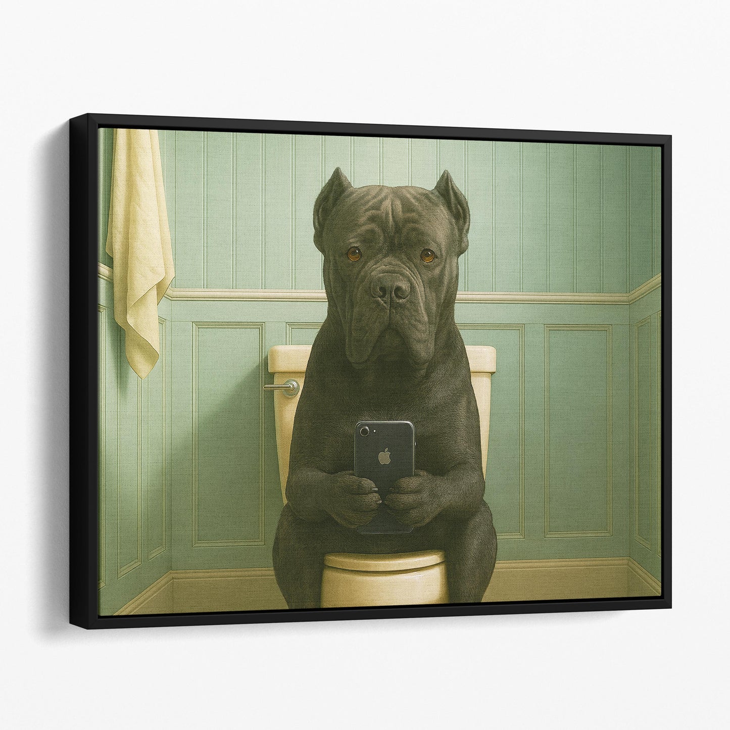 Cane Corso Dog On The Phone On The Toilet
