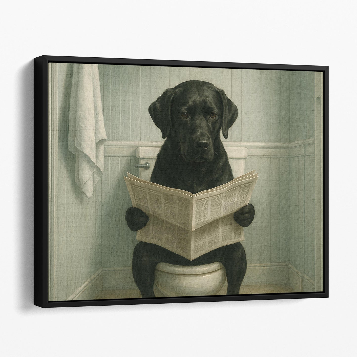 Black Labrador Retriever Reading The Newspaper On The Toilet
