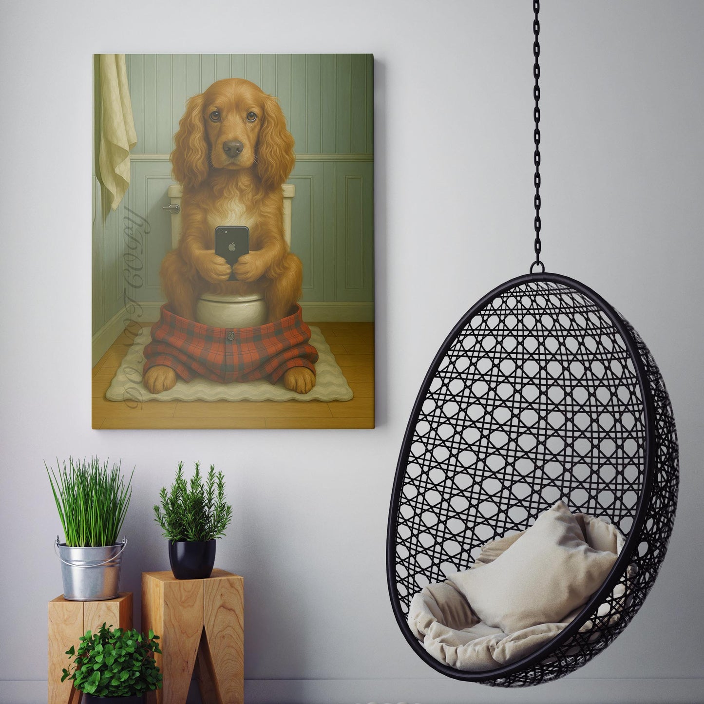 Cocker Spaniel Dog On The Phone On The Toilet