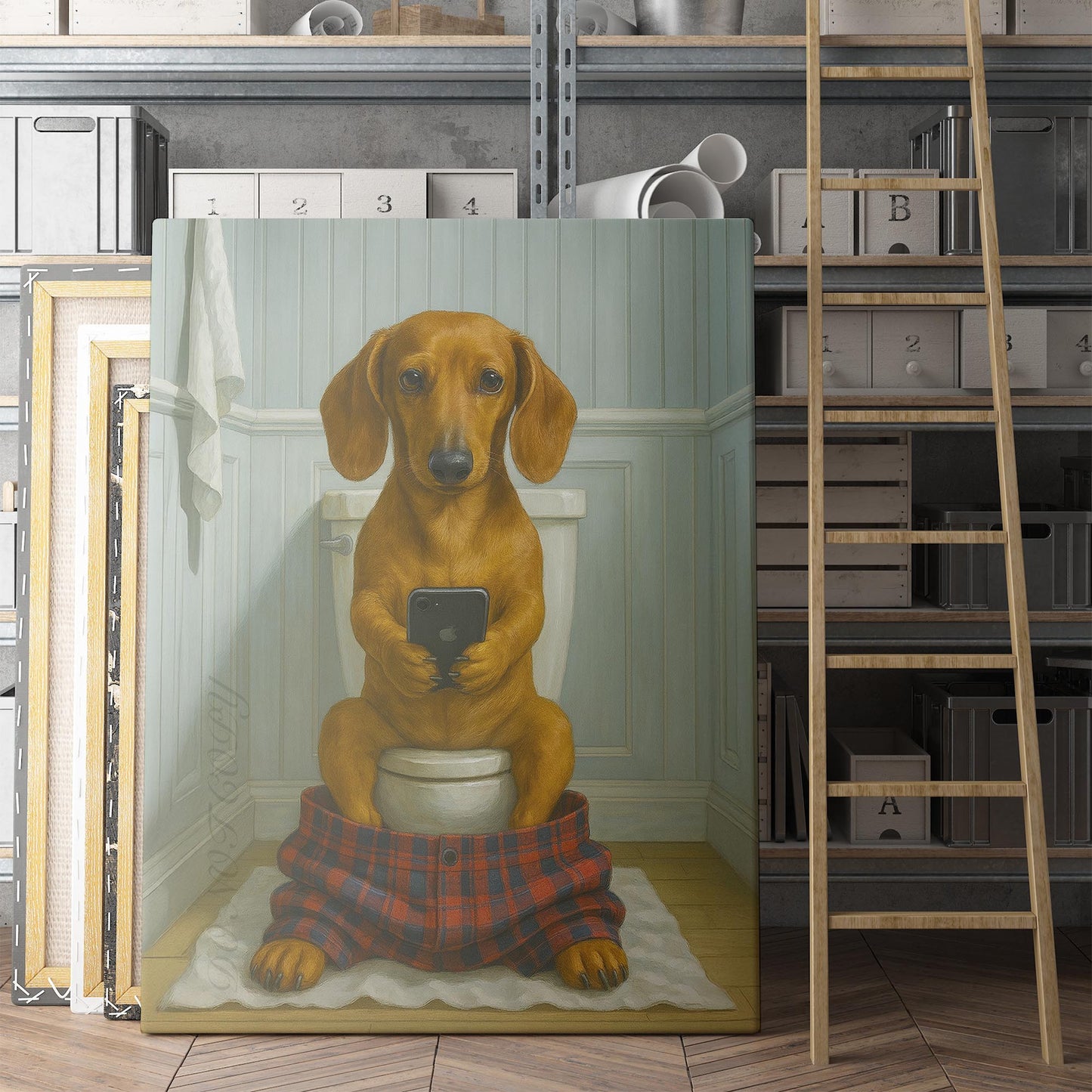 Dachshund Dog On The Phone On The Toilet