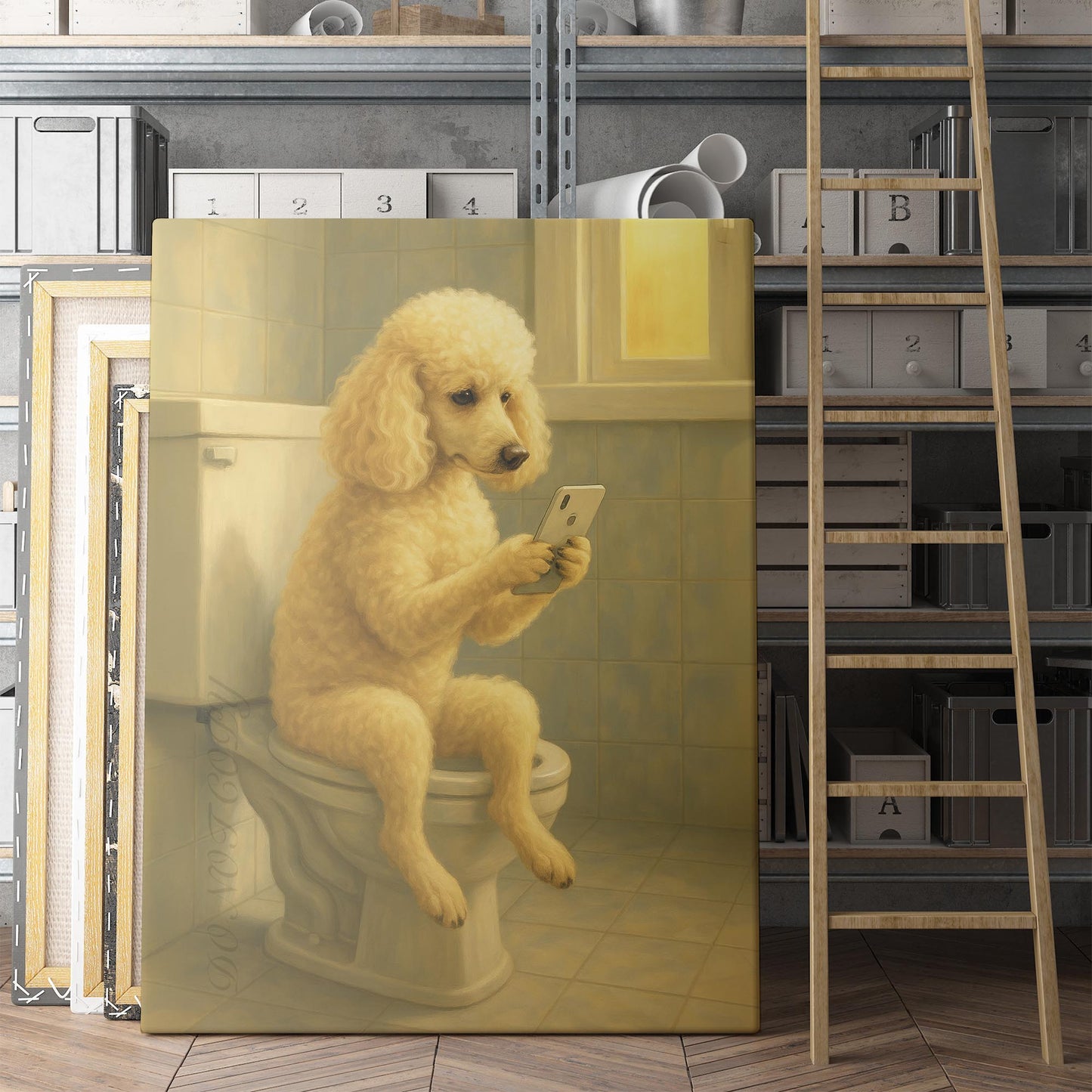 Poodle Dog On The Phone On The Toilet