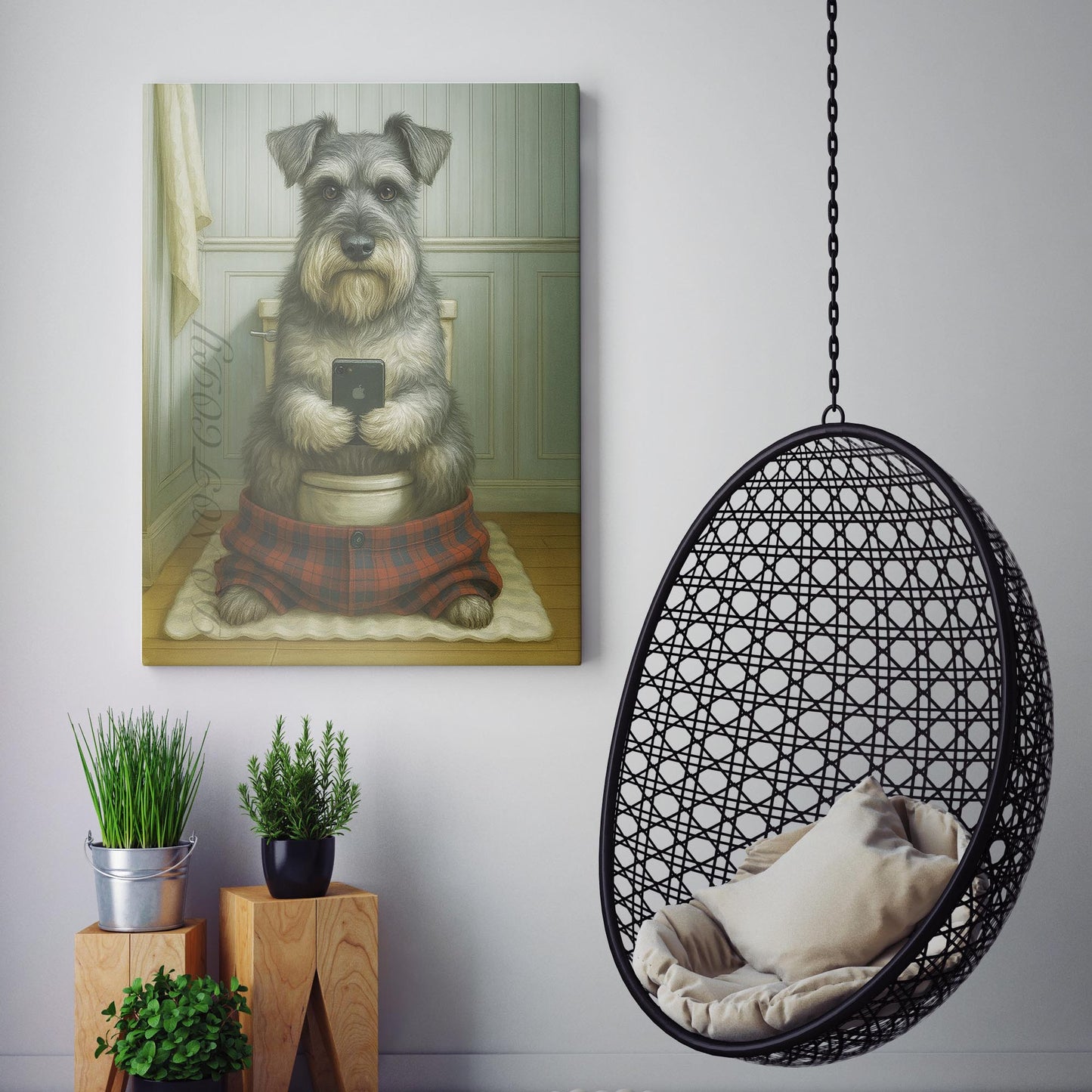 Schnauzer Dog On The Phone On The Toilet