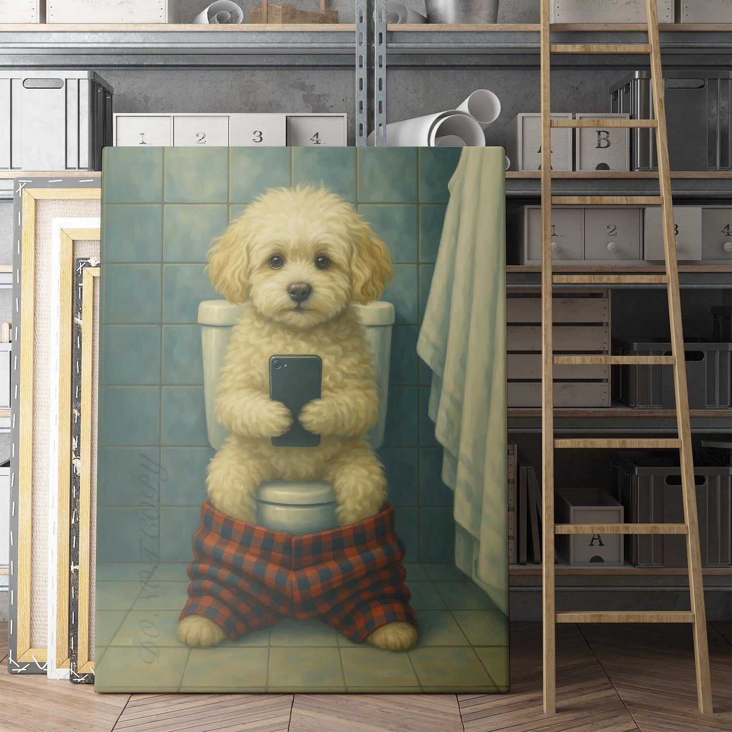 Maltipoo Dog On The Phone On The Toilet