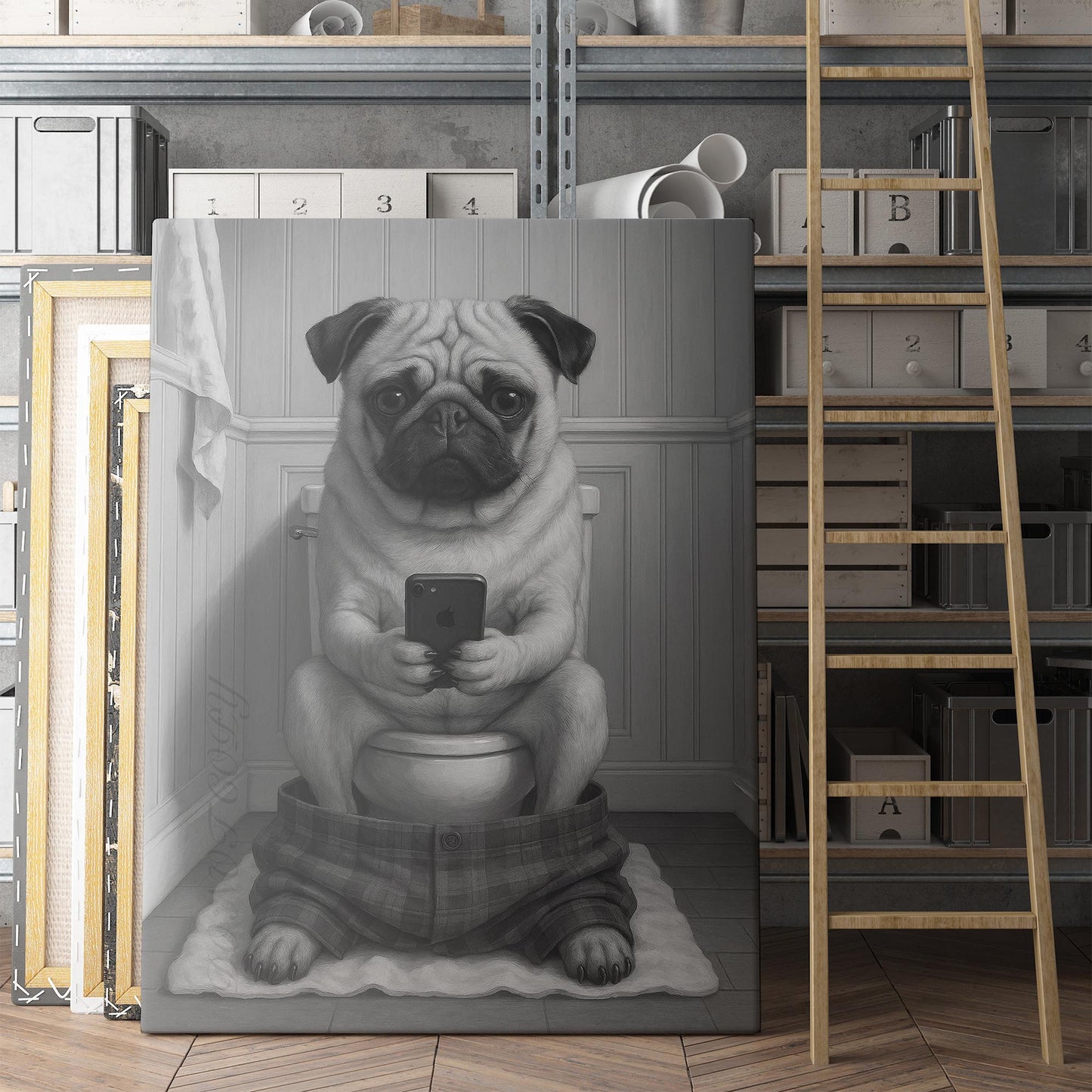 Pug Dog On The Phone On The Toilet