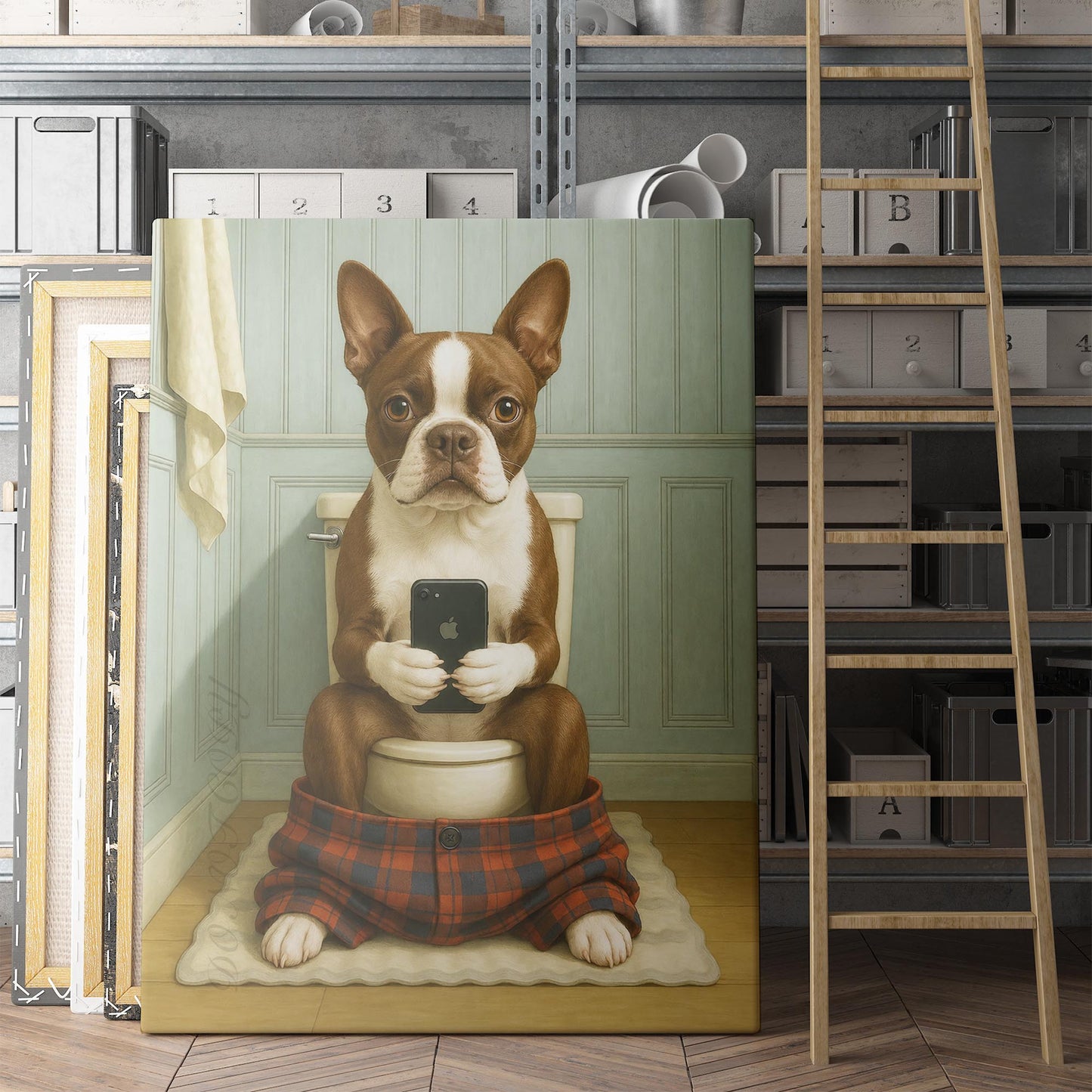 Boston Terrier On The Phone On The Toilet