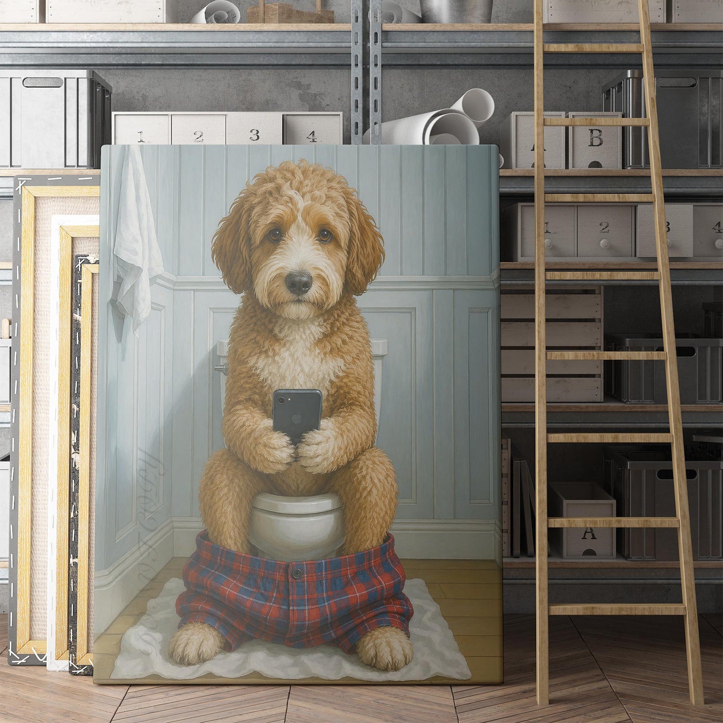 Aussie Doodle Dog On The Phone On The Toilet