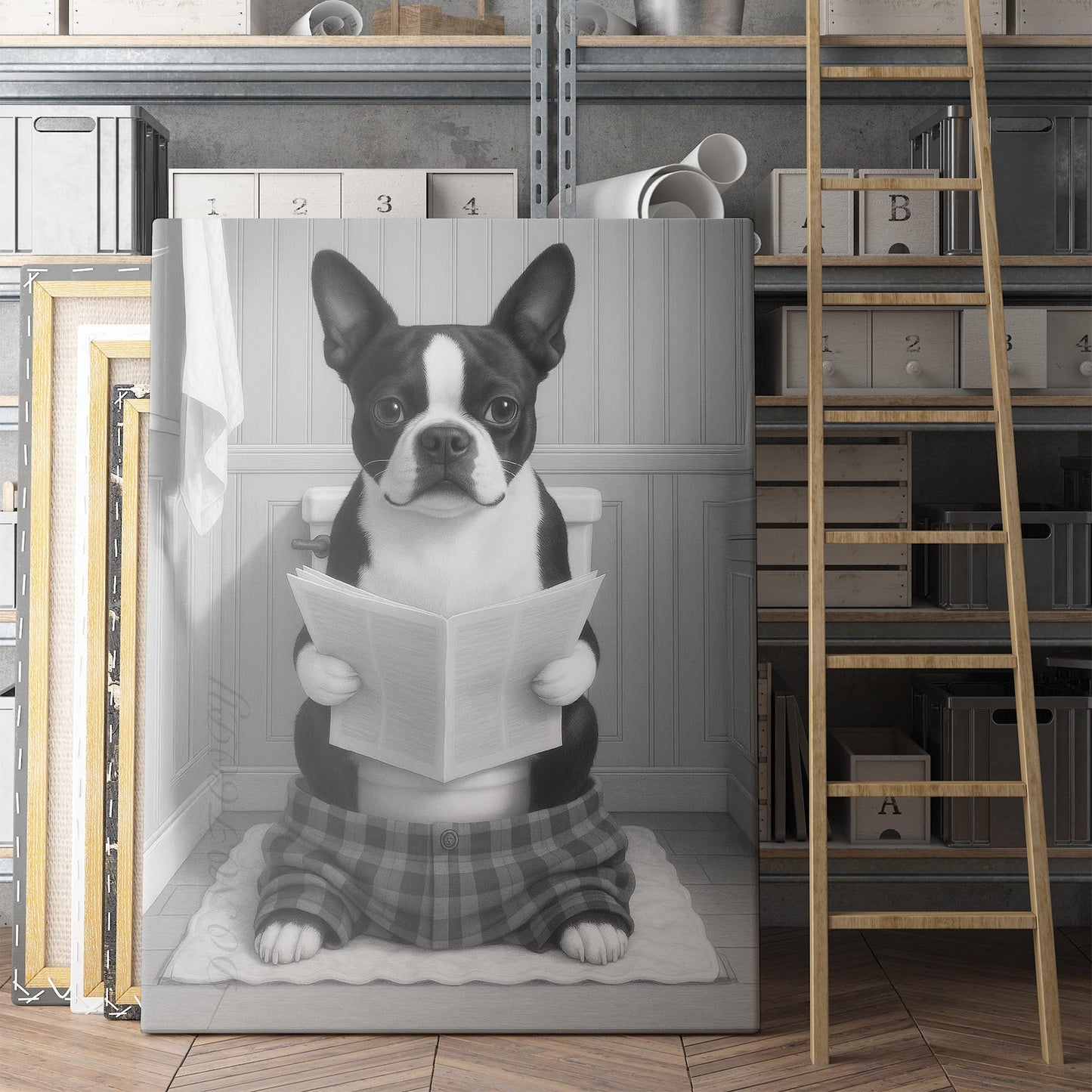 Boston Terrier Dog Reading The Newspaper On The Toilet