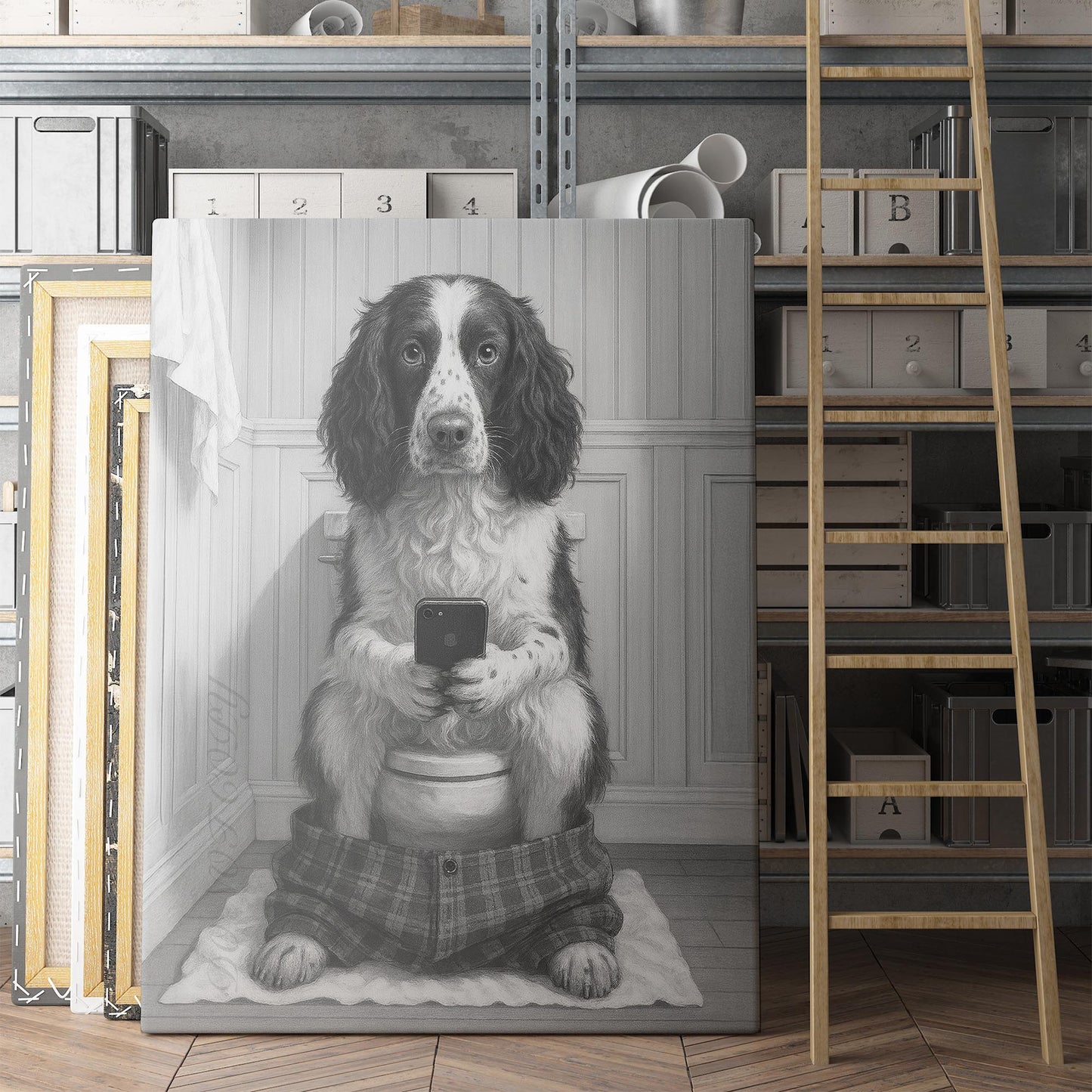 English Springer Spaniel Dog On The Phone On The Toilet