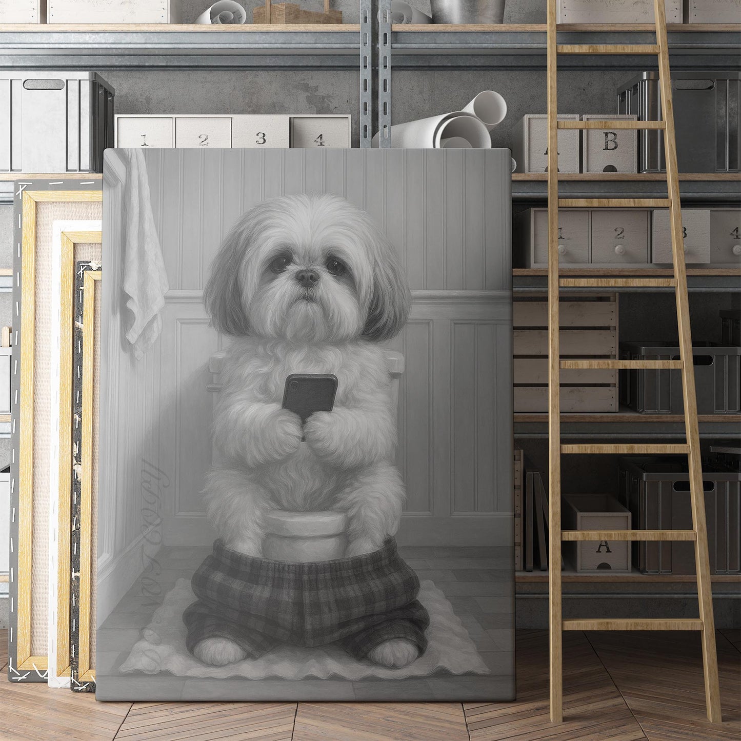 Shih Tzu Dog On The Phone On The Toilet