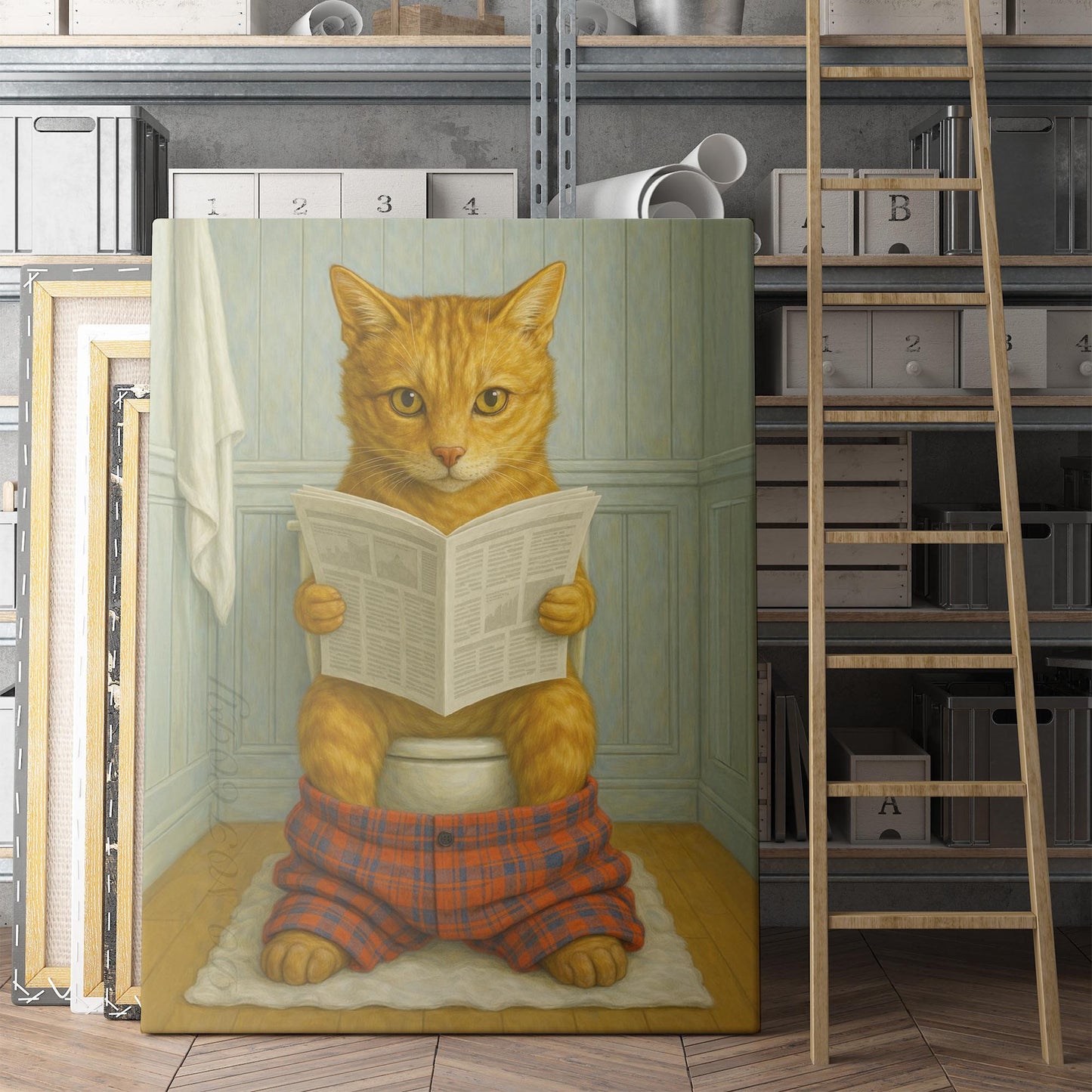 Cat Reading The Newspaper On The Toilet
