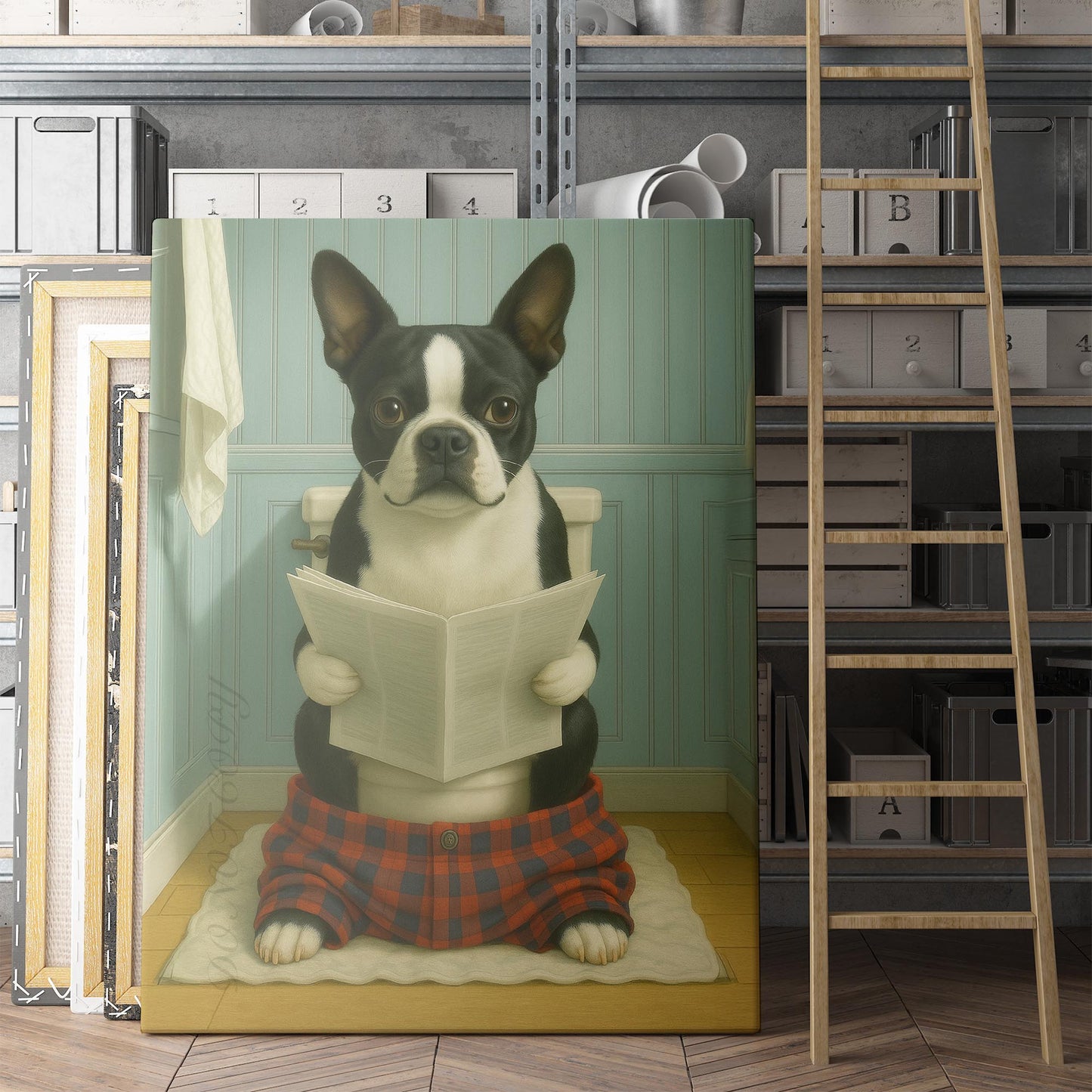 Boston Terrier Dog Reading The Newspaper On The Toilet