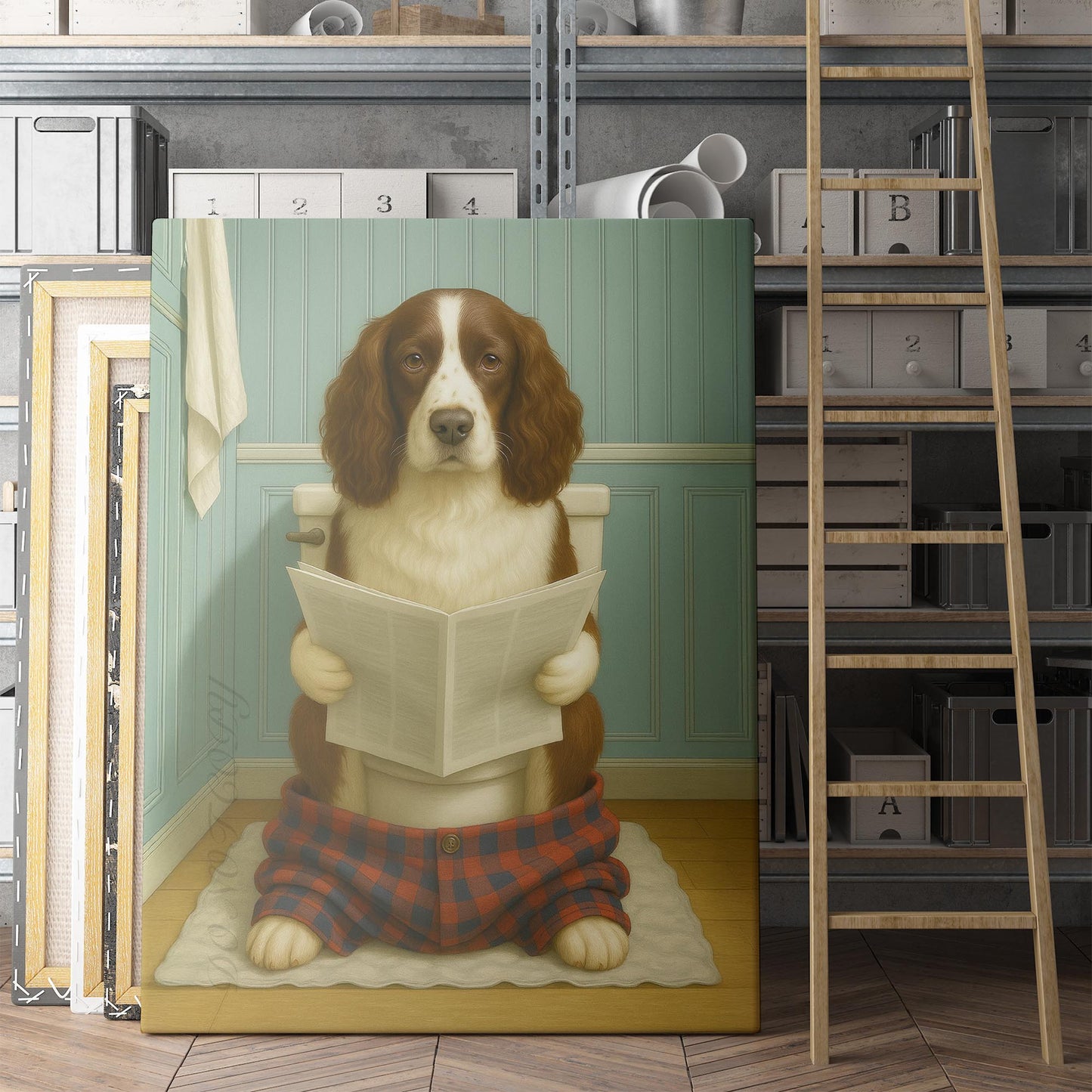 English Springer Spaniel Dog Reading The Newspaper On The Toilet