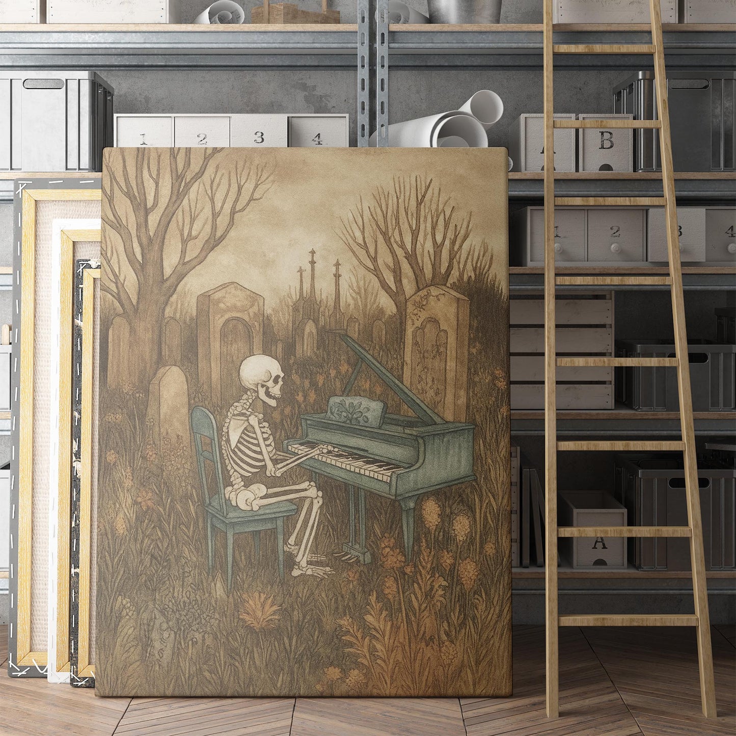 Skeleton Playing The Piano In A Graveyard