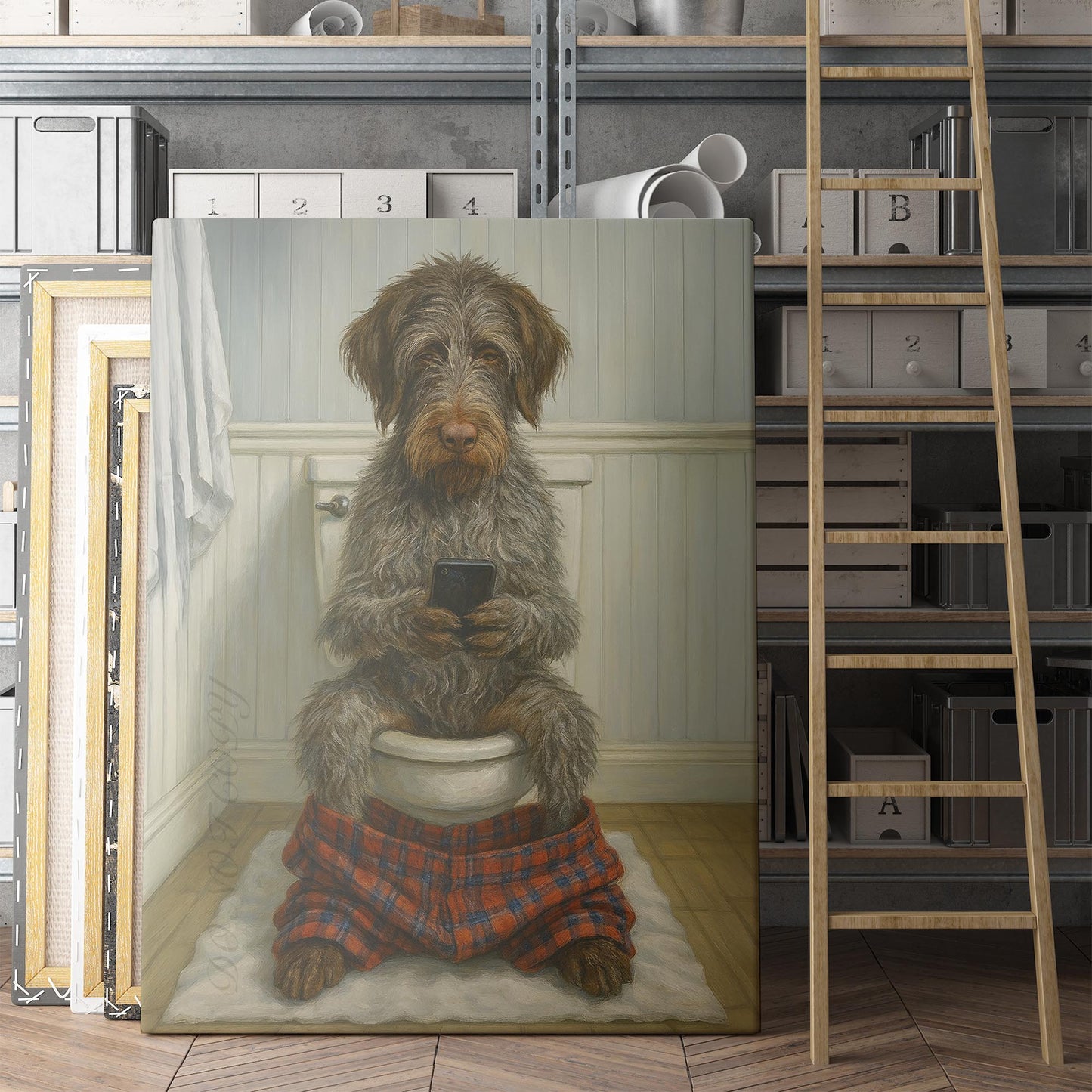 Wirehaired Pointing Griffon Dog On The Phone On The Toilet