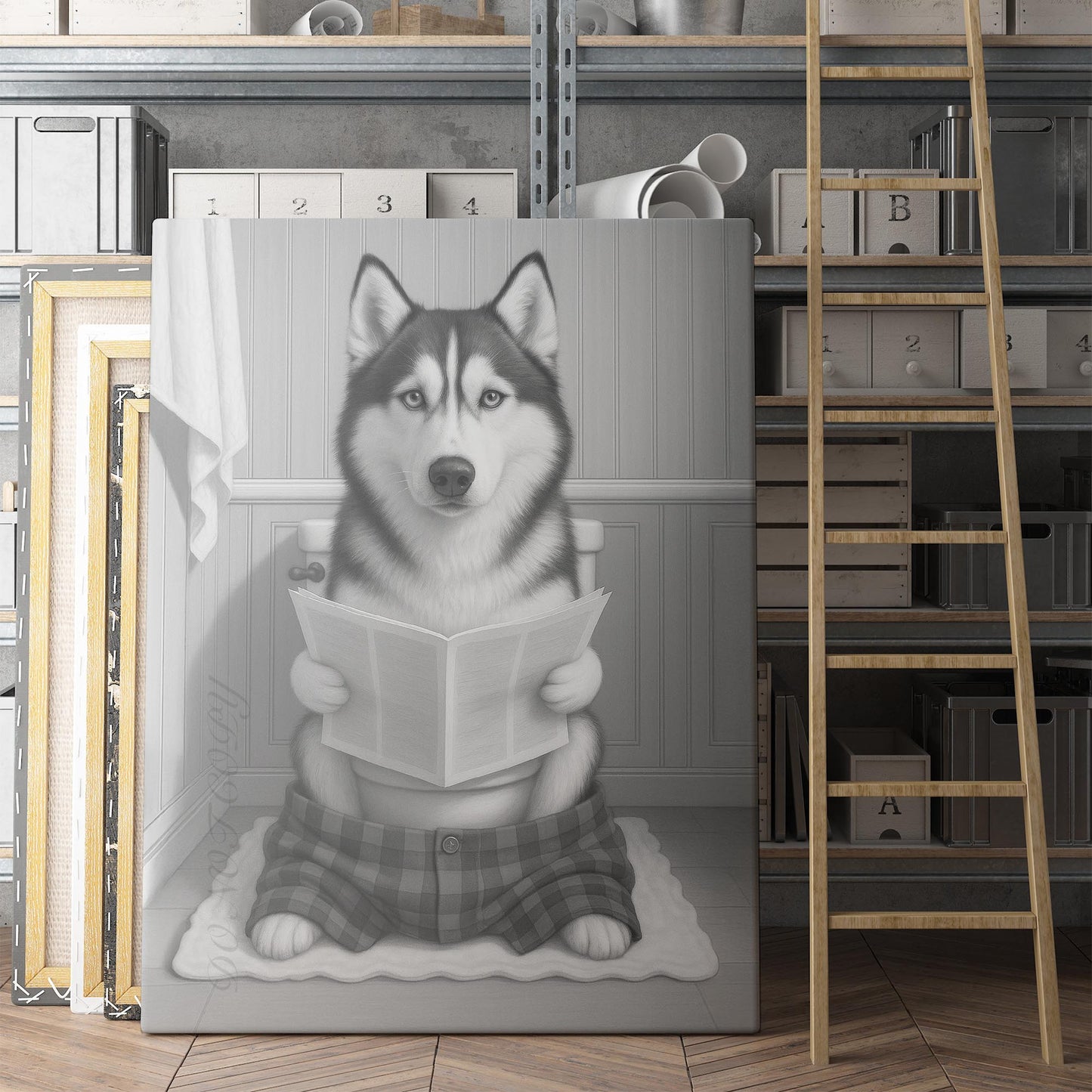 Husky Dog Reading The Newspaper On The Toilet