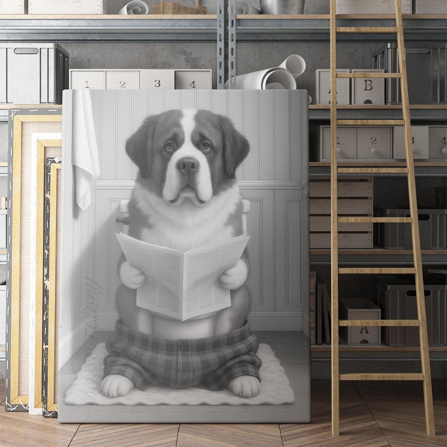 Saint Bernard Dog Reading The Newspaper On The Toilet