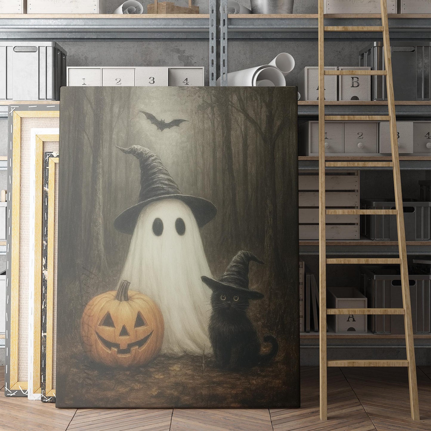 Ghost With A Pumpkin And Black Cat