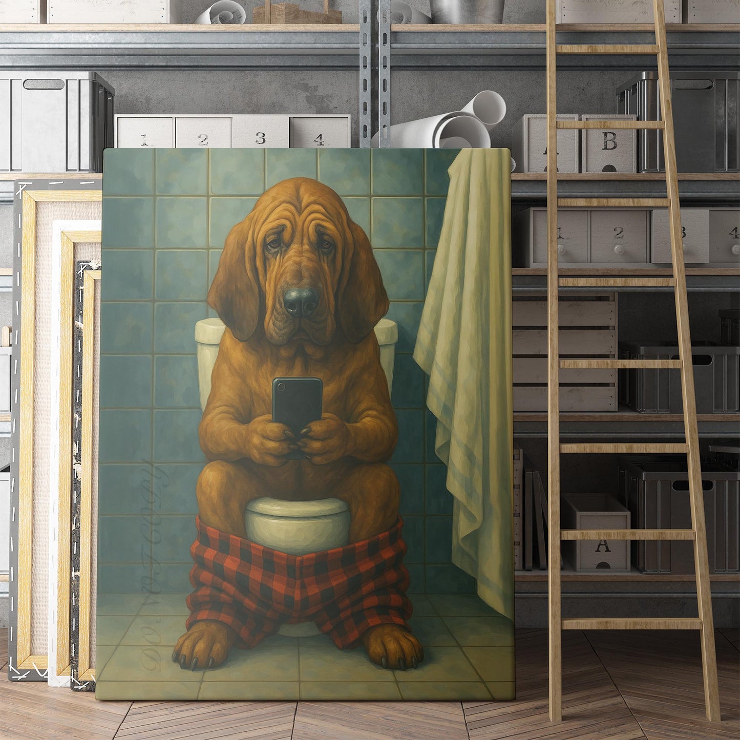 Bloodhound Dog On The Phone On The Toilet