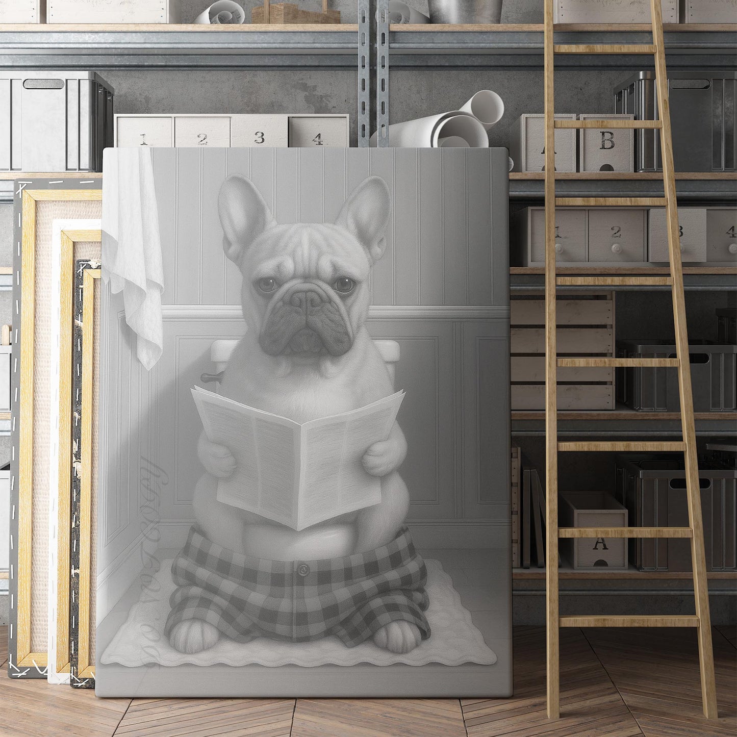 French Bulldog Reading The Newspaper On The Toilet II