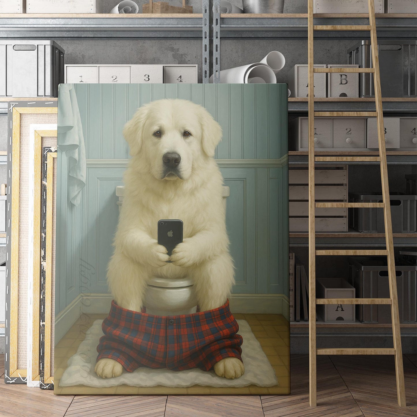 Great Pyrenees Dog On The Phone On The Toilet