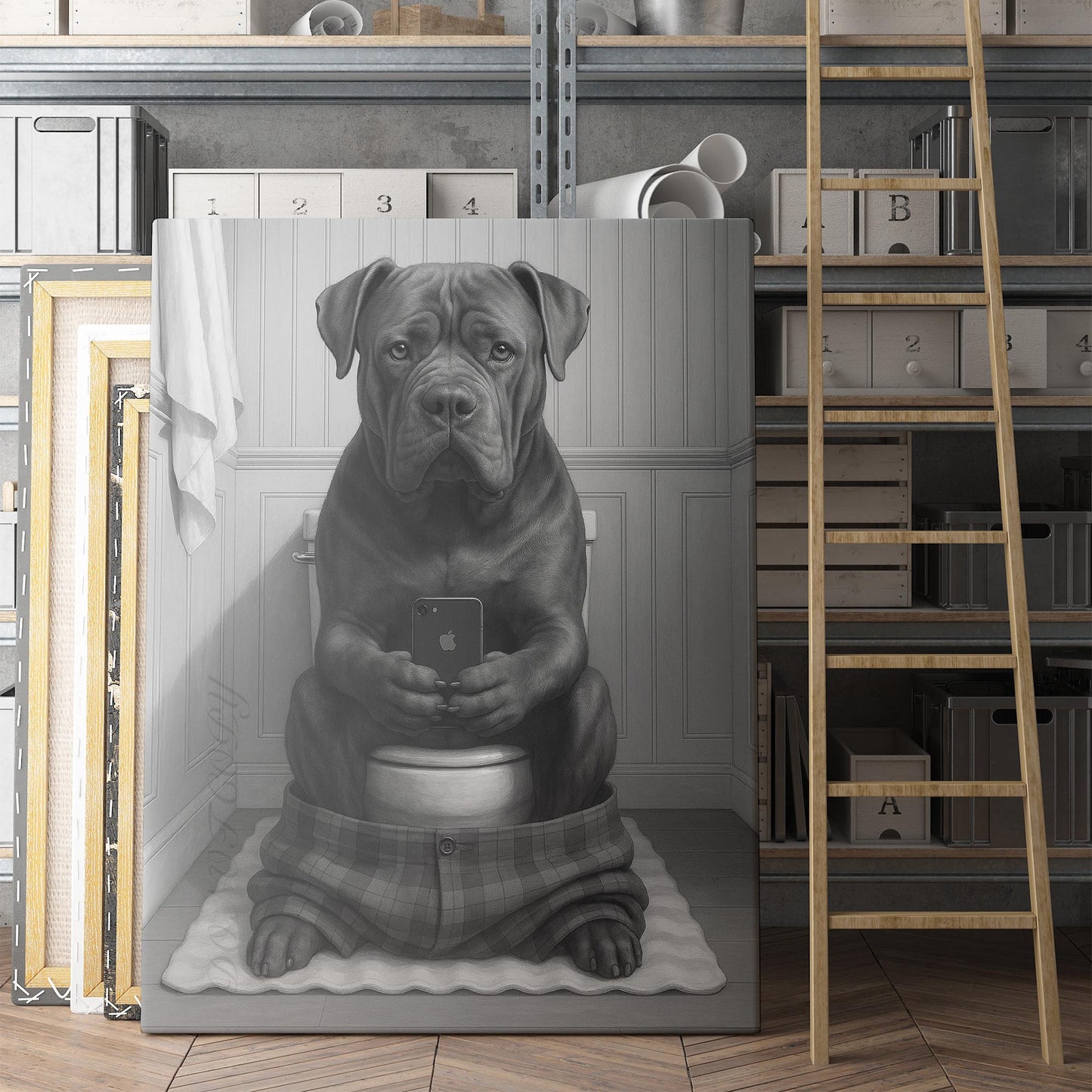 Cane Corso Dog On The Phone On The Toilet