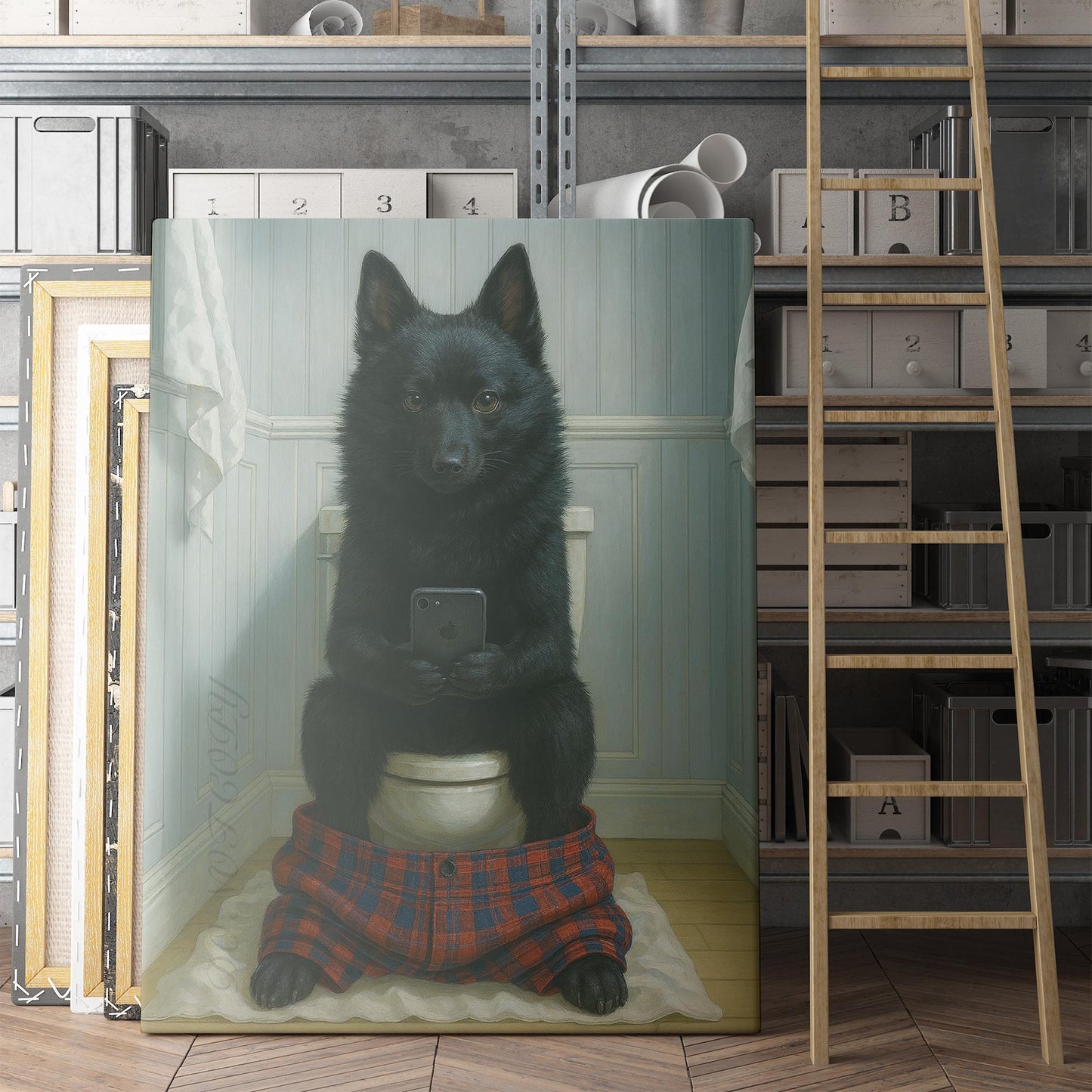 Schipperke Dog On The Phone On The Toilet