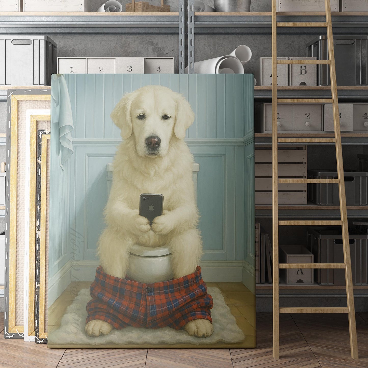English Cream Golden Retriever Dog Reading The Newspaper On The Toilet