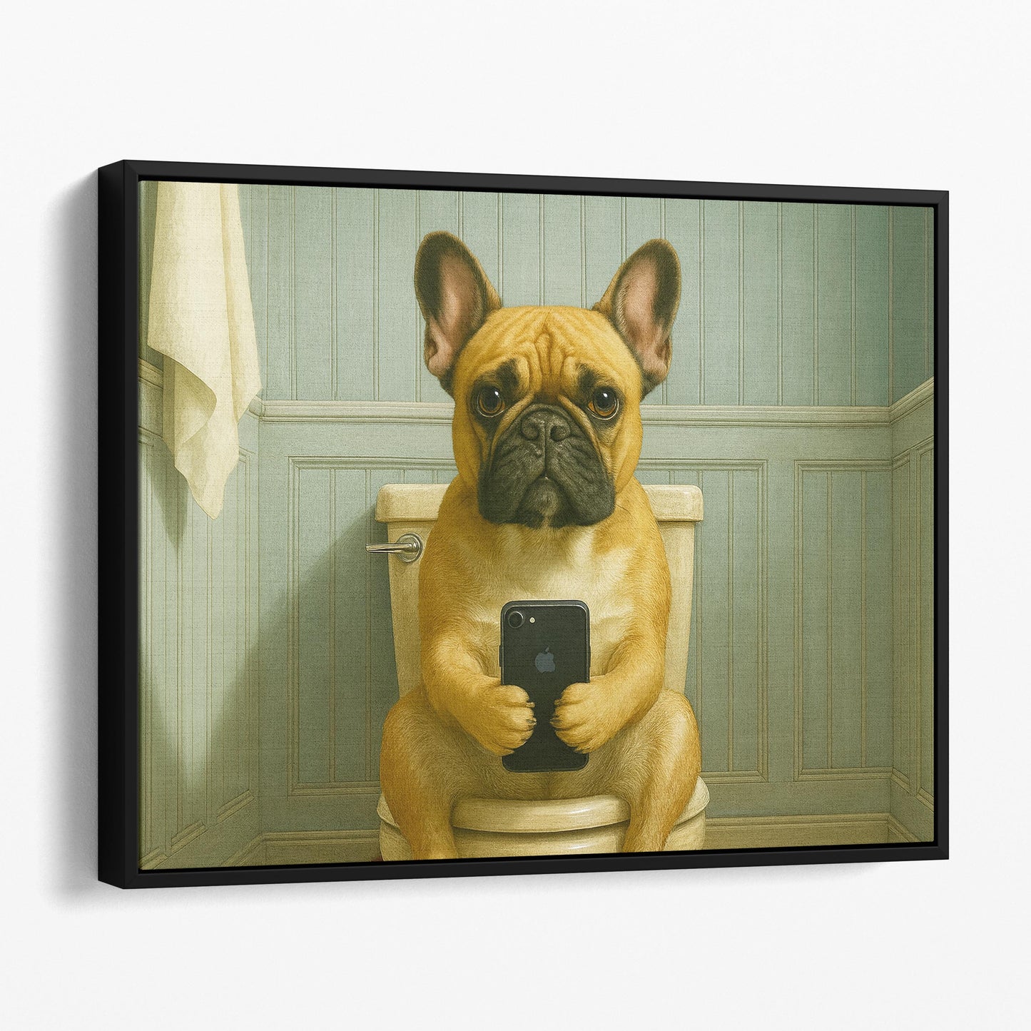 French Bulldog On The Phone On The Toilet
