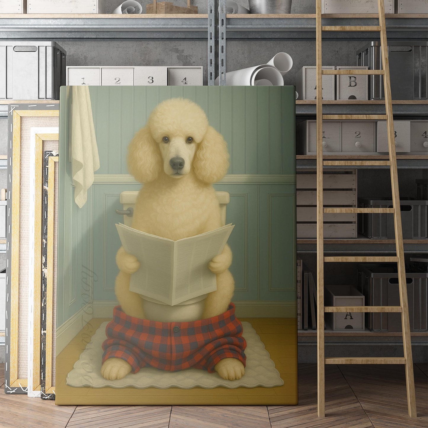 Poodle Dog Reading The Newspaper On The Toilet