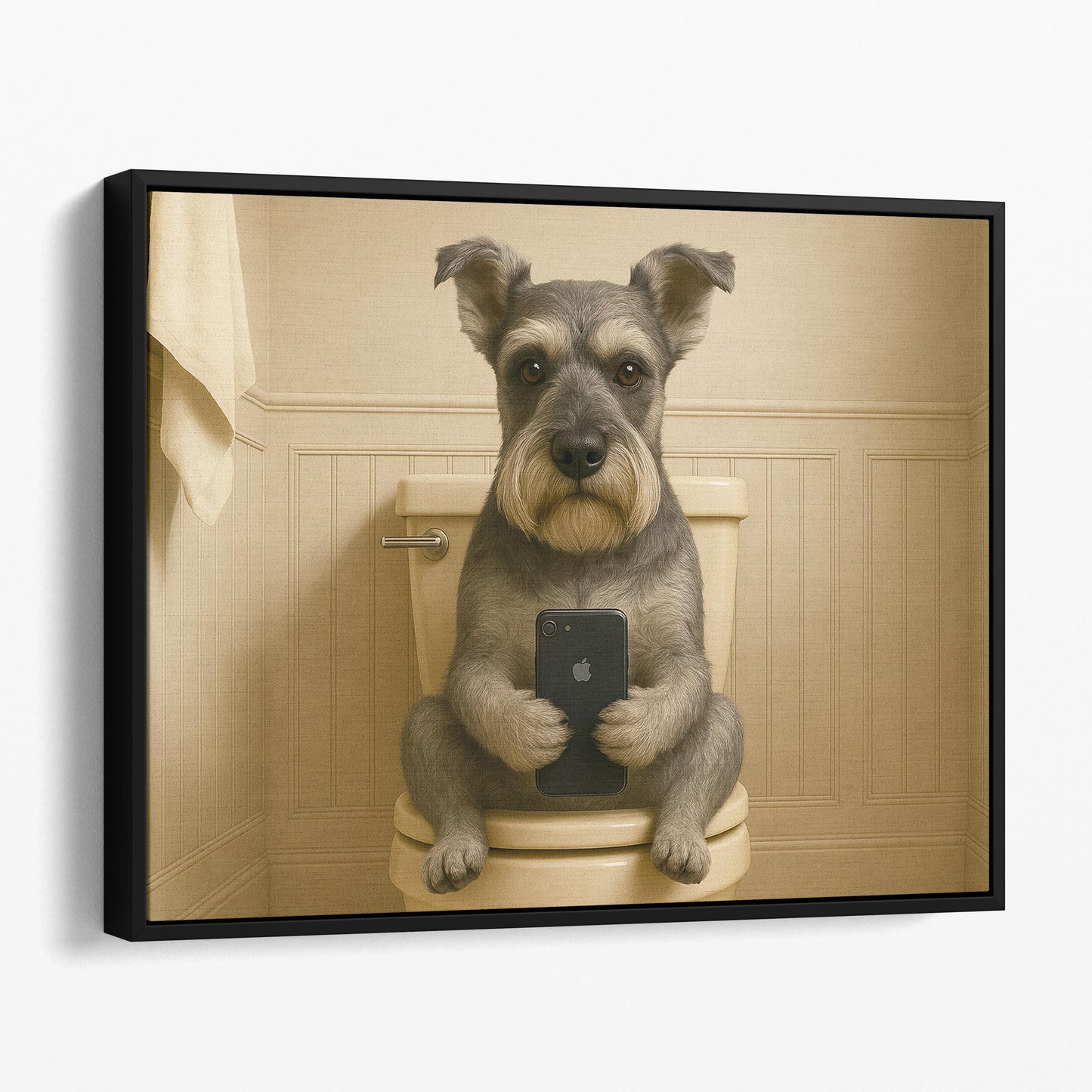 Schnauzer Dog On The Phone On The Toilet