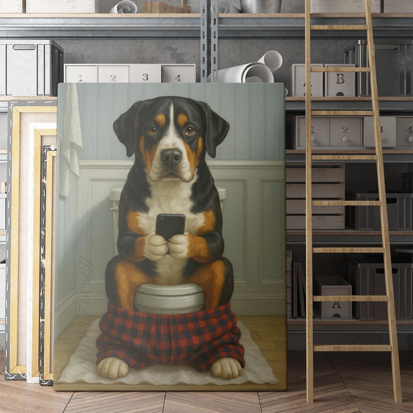 Greater Swiss Mountain Dog On The Phone On The Toilet