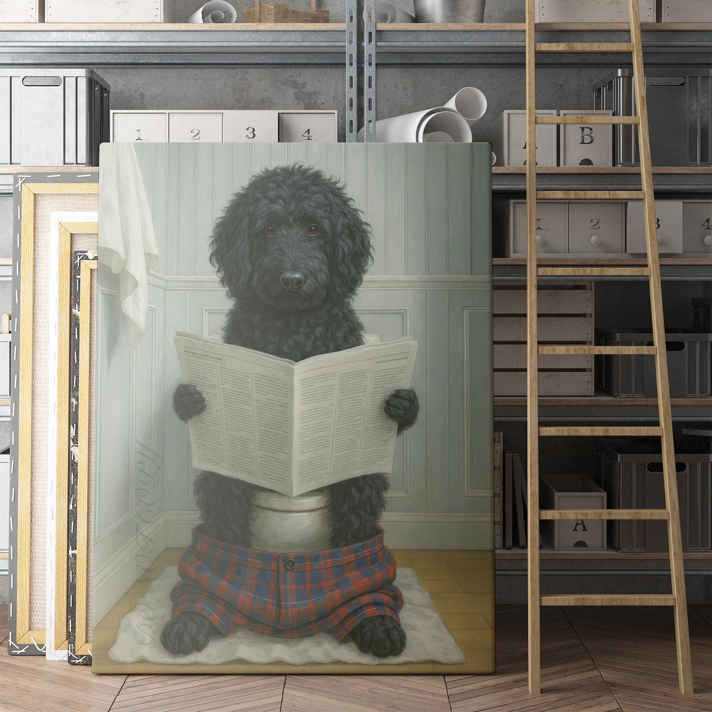 Black Golden Doodle Reading The Newspaper On The Toilet