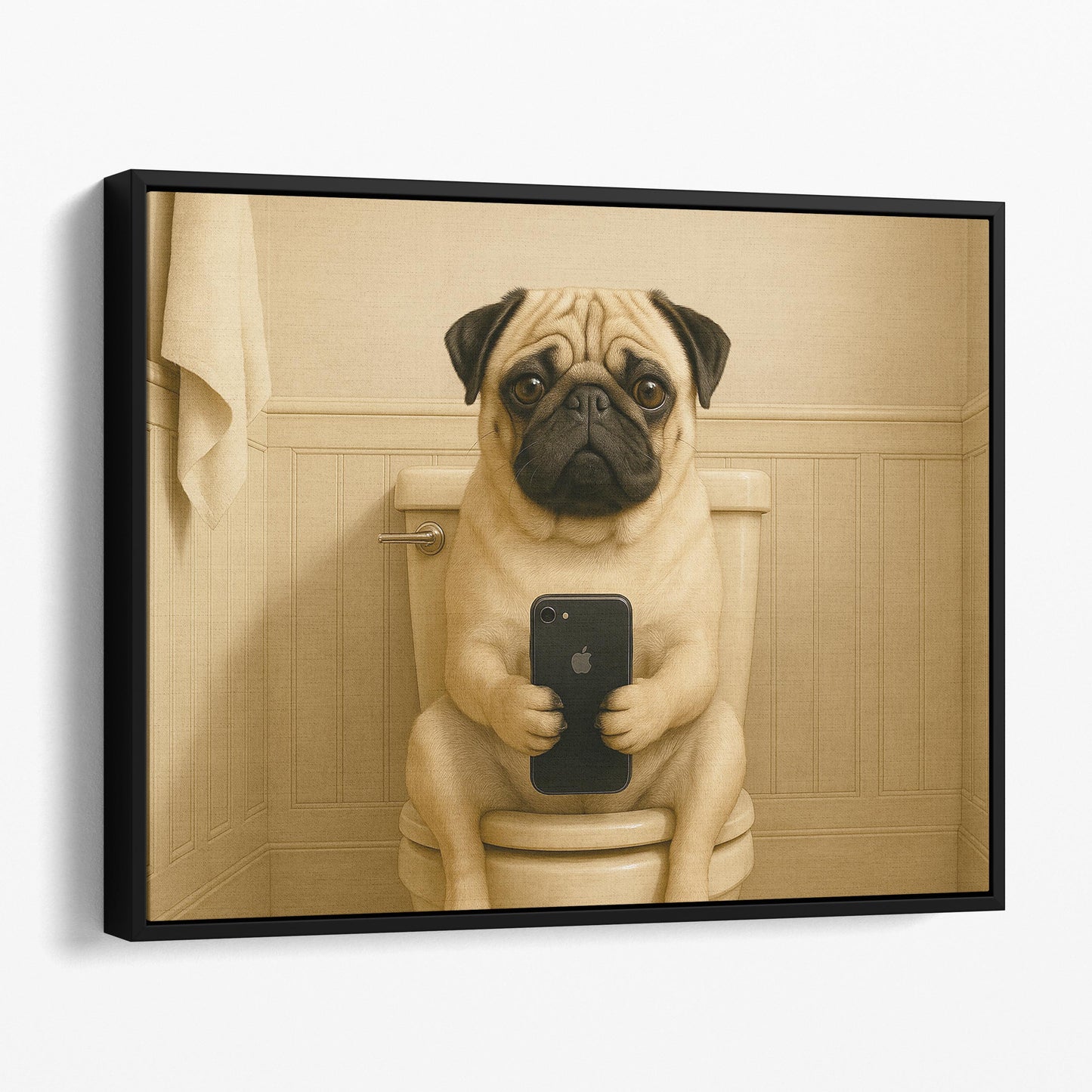 Pug Dog On The Phone On The Toilet