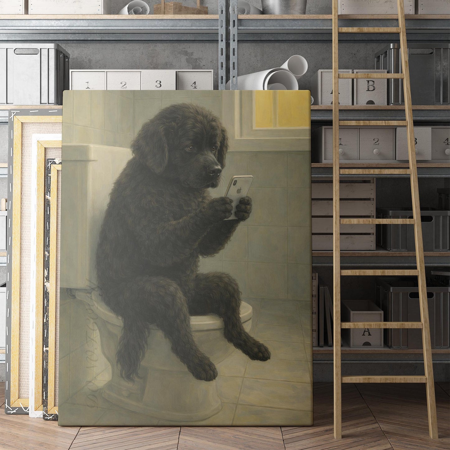 Newfoundland Dog On The Phone On The Toilet