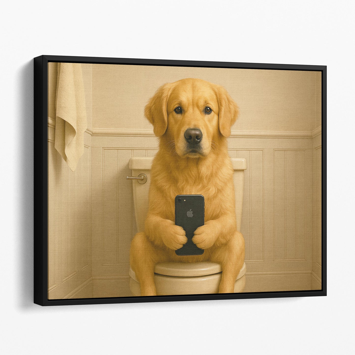 Golden Retriever Dog On The Phone On The Toilet