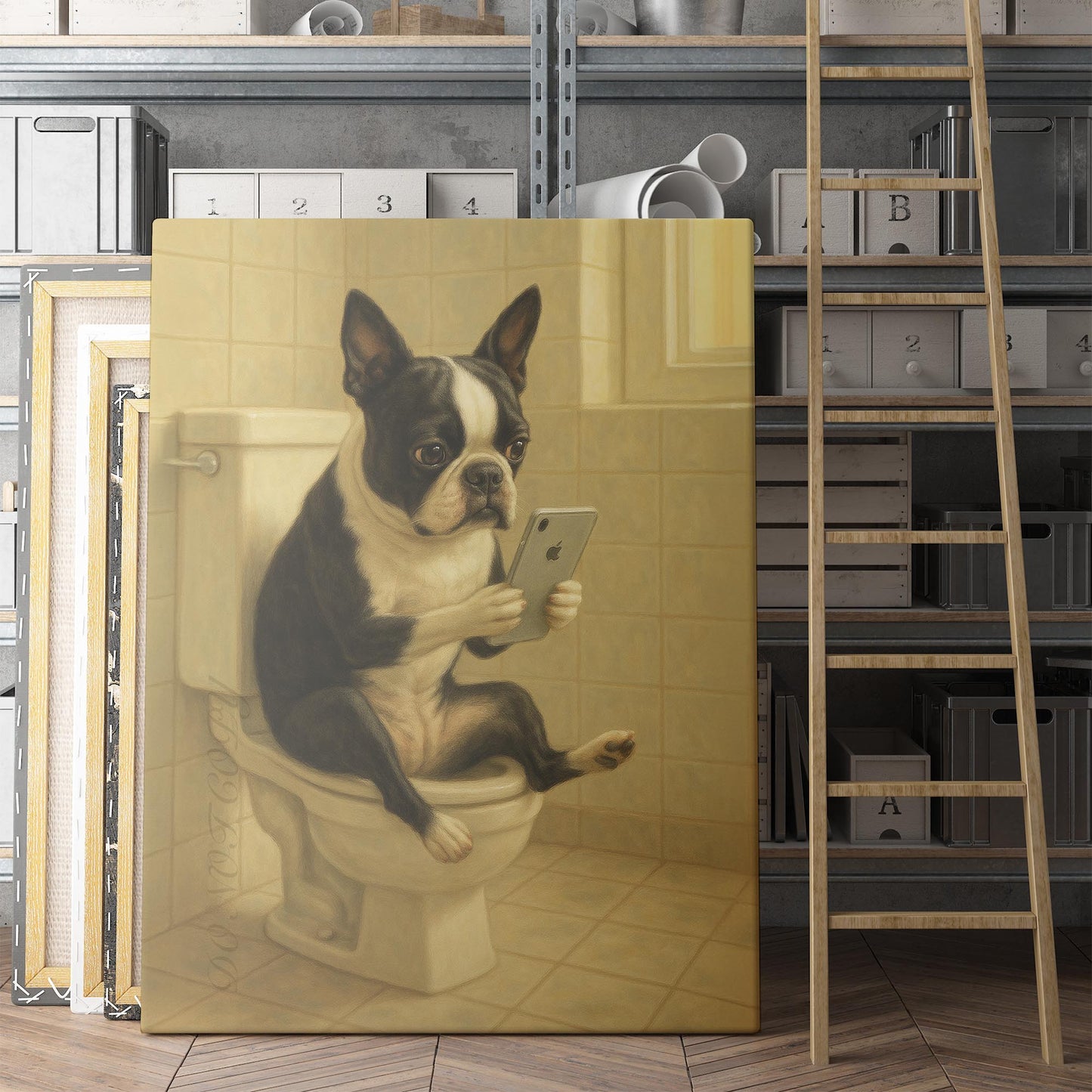 Boston Terrier Dog On The Phone On The Toilet