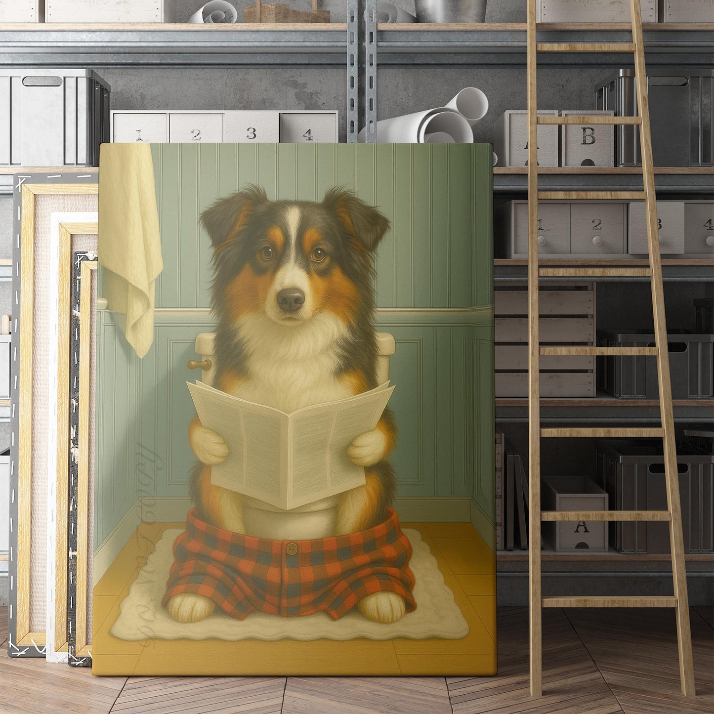 Miniature American Shepherd Dog Reading The Newspaper On The Toilet